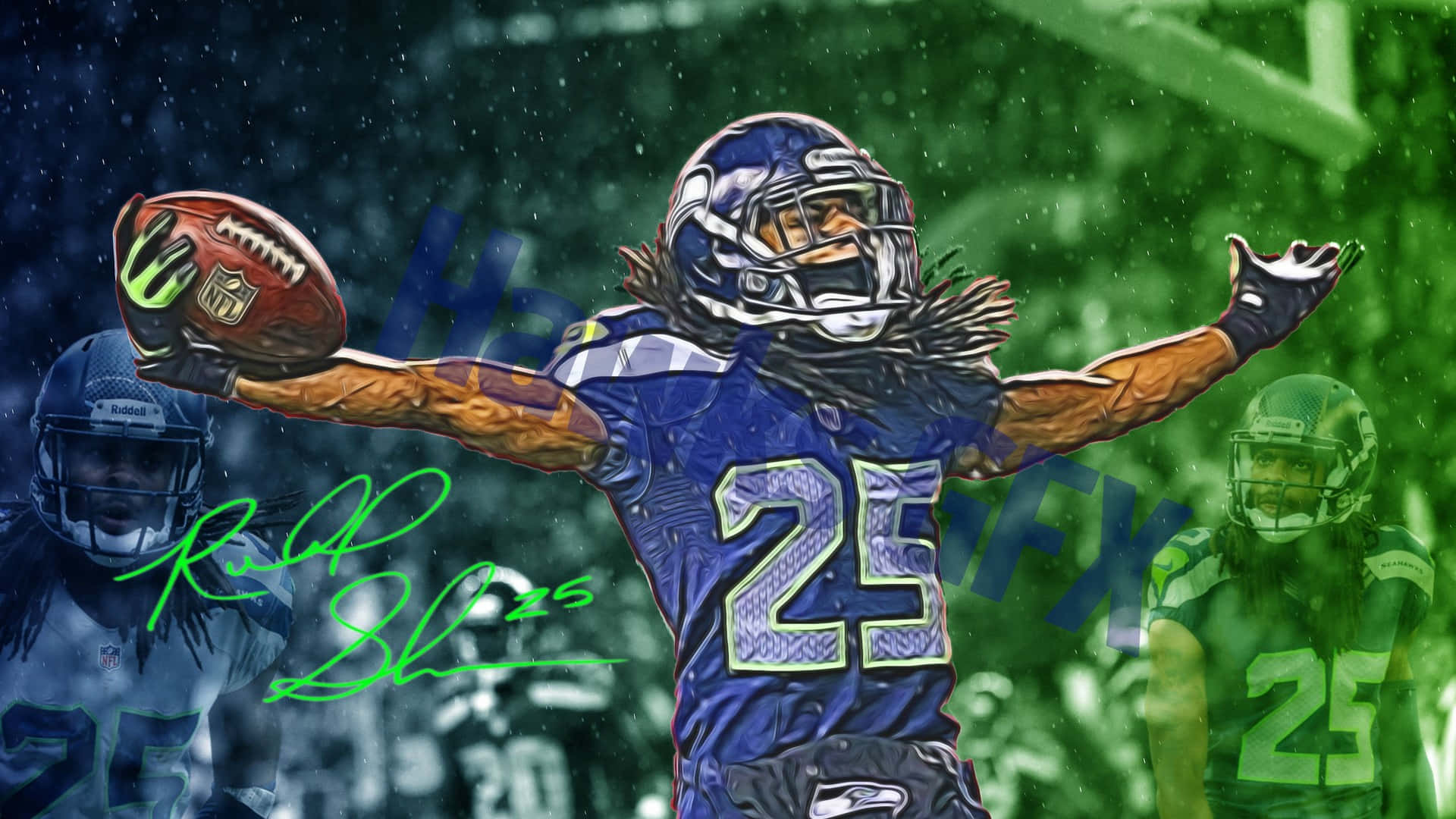 高清螢幕呈現NFL足球賽事 壁紙 — 一幅動感數碼藝術插圖，描繪身穿藍色25號球衣的足球員在綠色雨中張開雙臂慶祝，手中抱著一個足球。