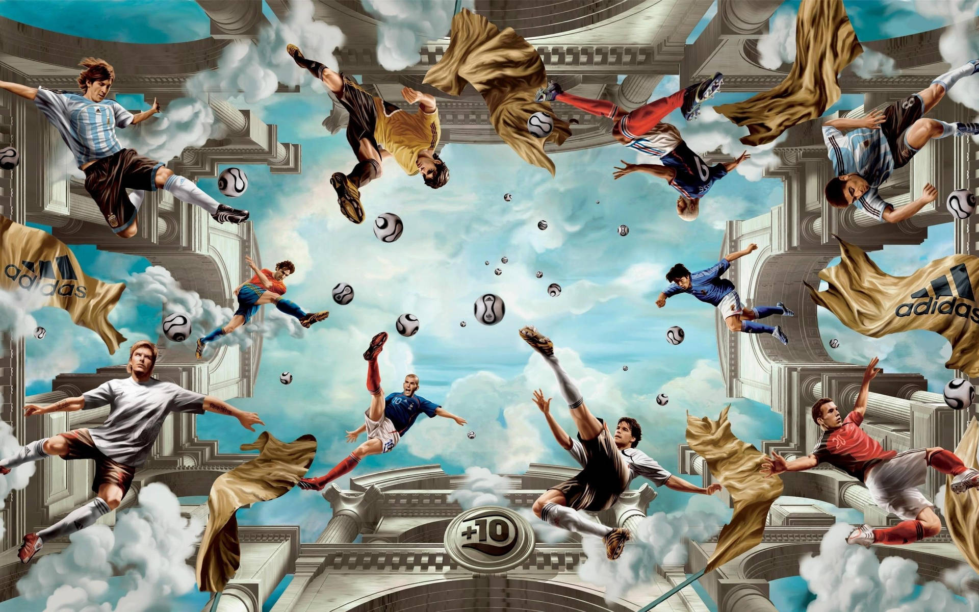 足球運動員在半空中，背景是超現實天空、古典建築和 Adidas 橫幅。