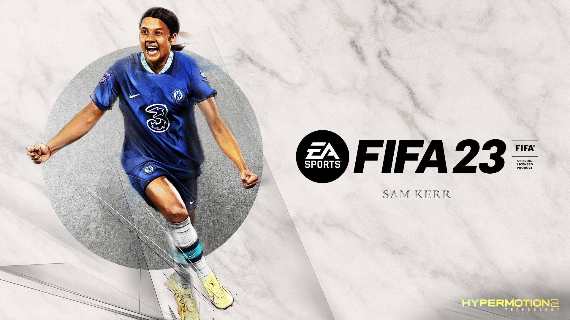 足球員薩姆·克爾身穿藍色車路士球衣，在FIFA 23數位藝術作品中慶祝。