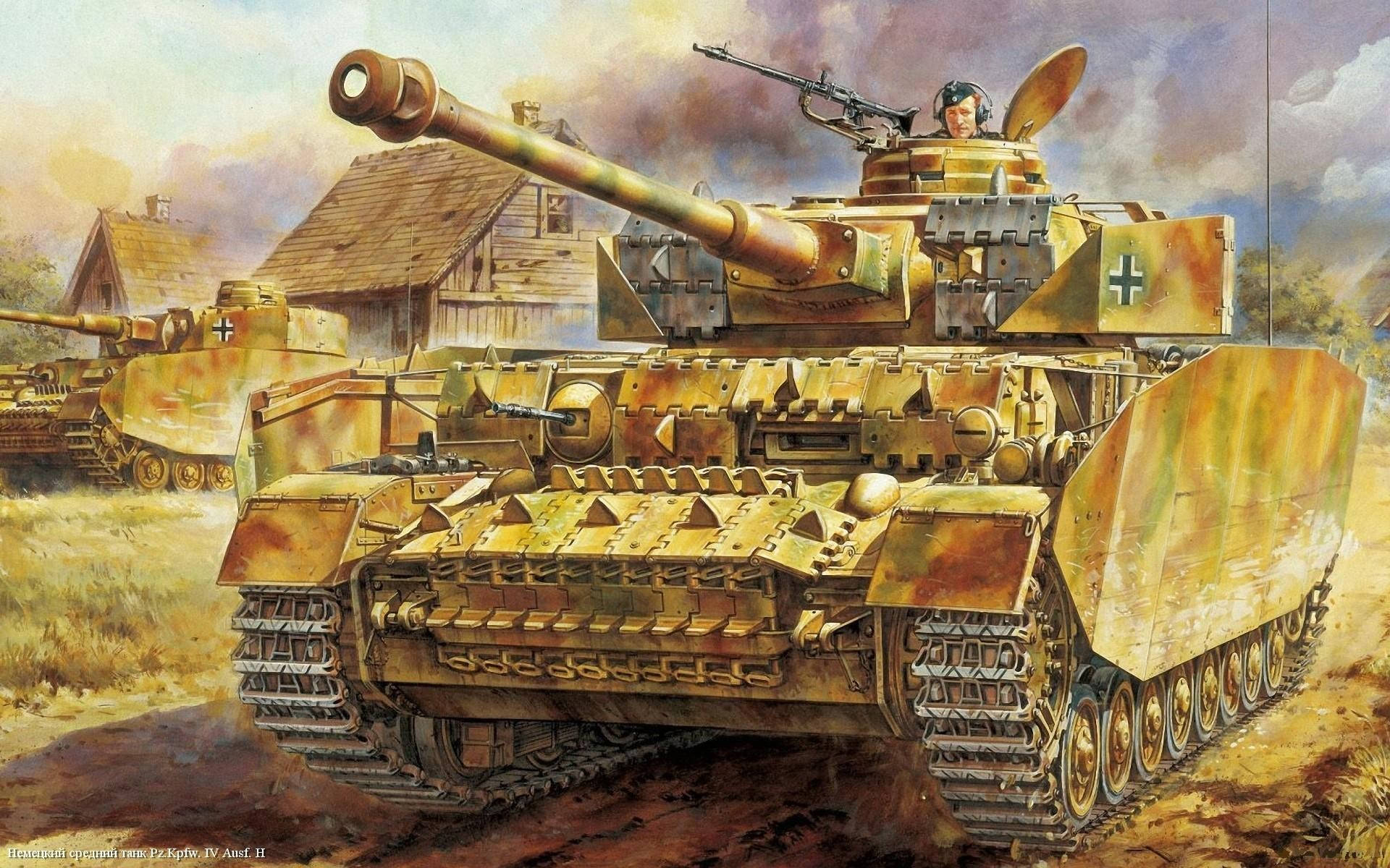 高清軍事鄉村坦克 壁紙 — 一幅詳細的油畫，描繪一輛德國四號坦克，砲塔內有一名士兵，位於鄉村戰場環境中。