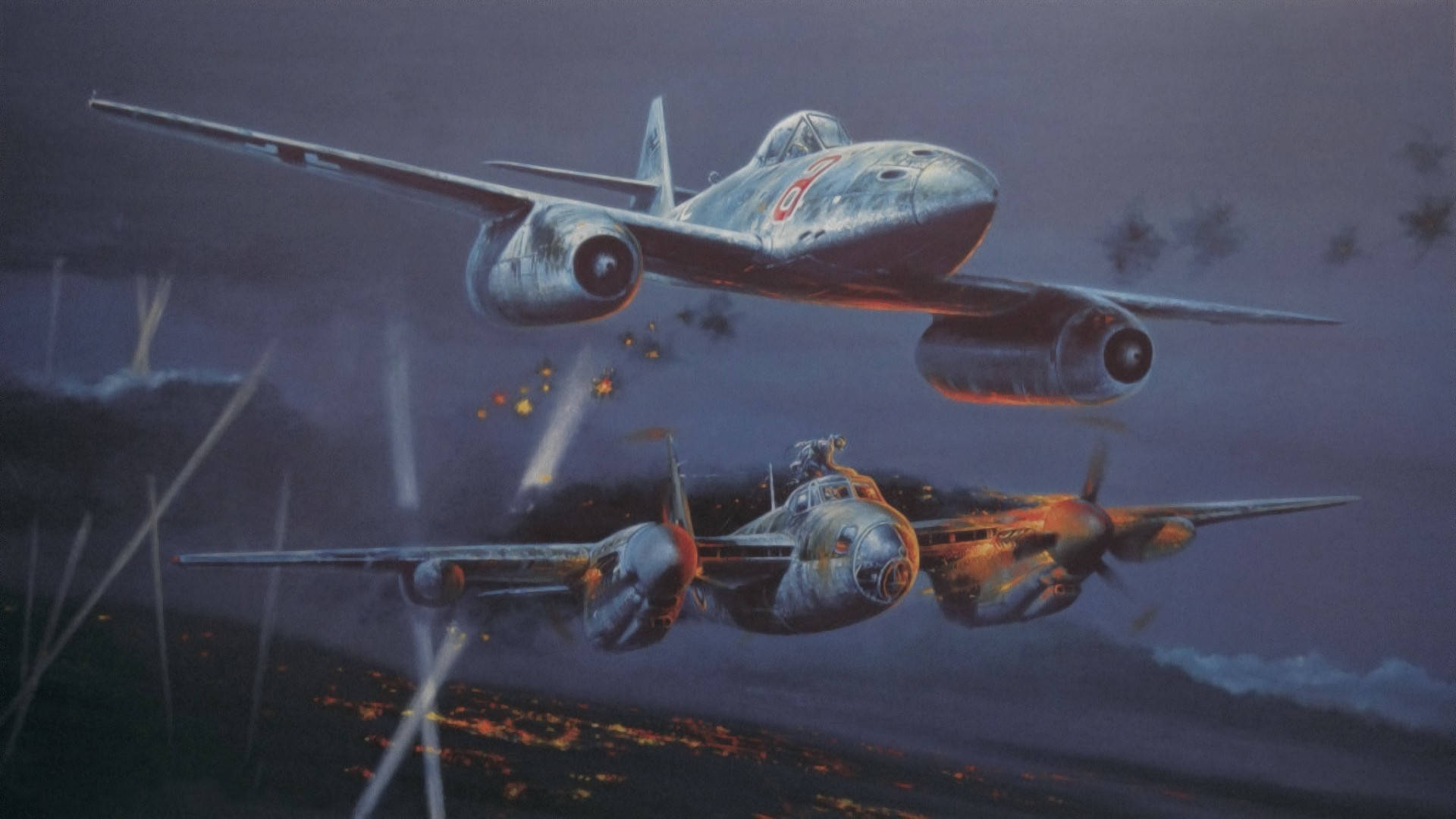 高清軍用飛機空戰 壁紙 — 兩架復古戰鬥機在風暴暮色中翱翔，在下方熾熱的戰場上交火。