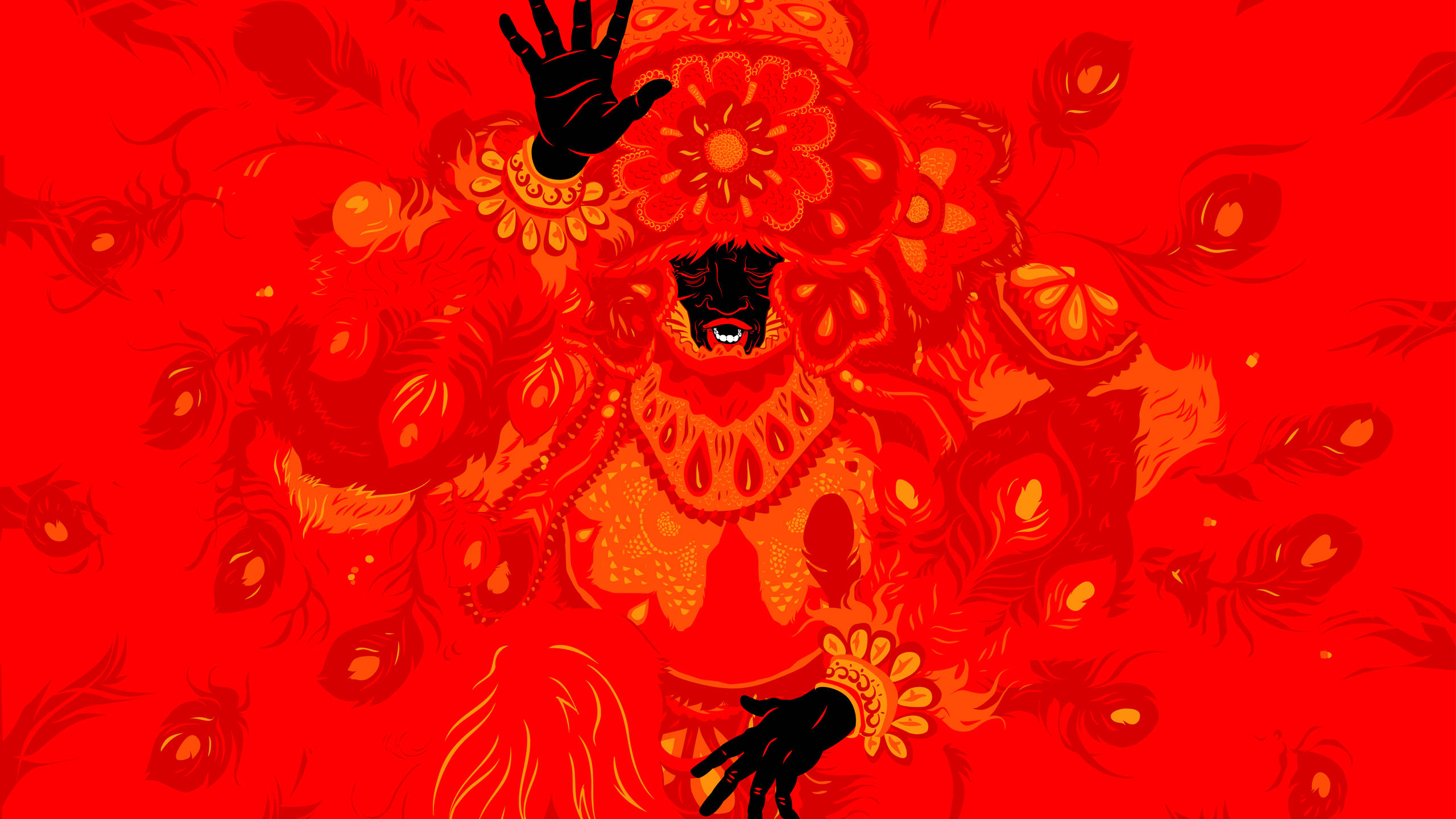 高清迷幻神聖智者藝術 壁紙 — 一個風格化的人物，帶有華麗的紅色和橙色花卉圖案及黑色雙手，在火紅的背景上浮現。