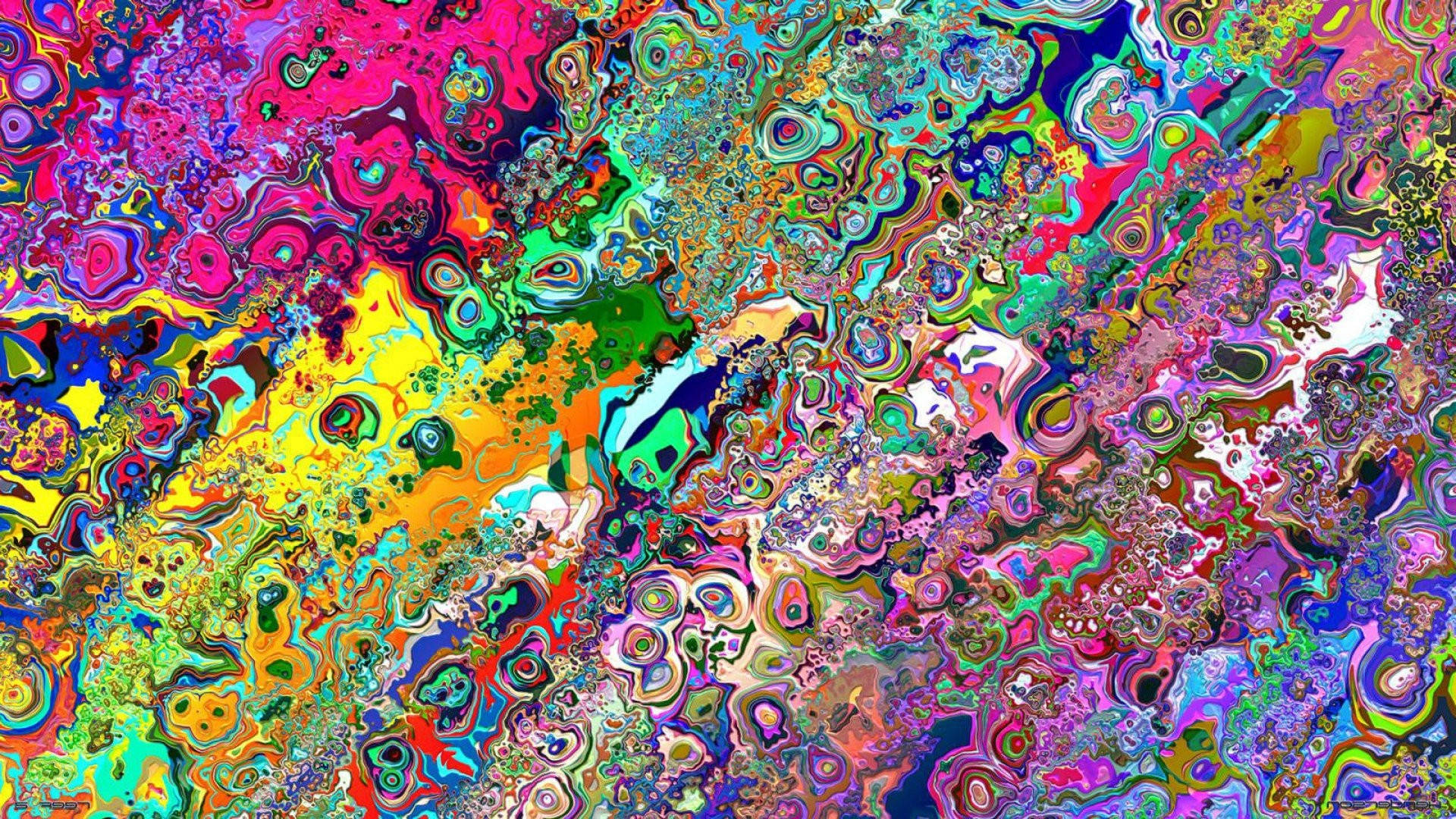高清迷幻窗戶背景 壁紙 — 充滿活力的迷幻抽象漩渦，以霓虹色彩在畫布上形成流暢的有機圖案。