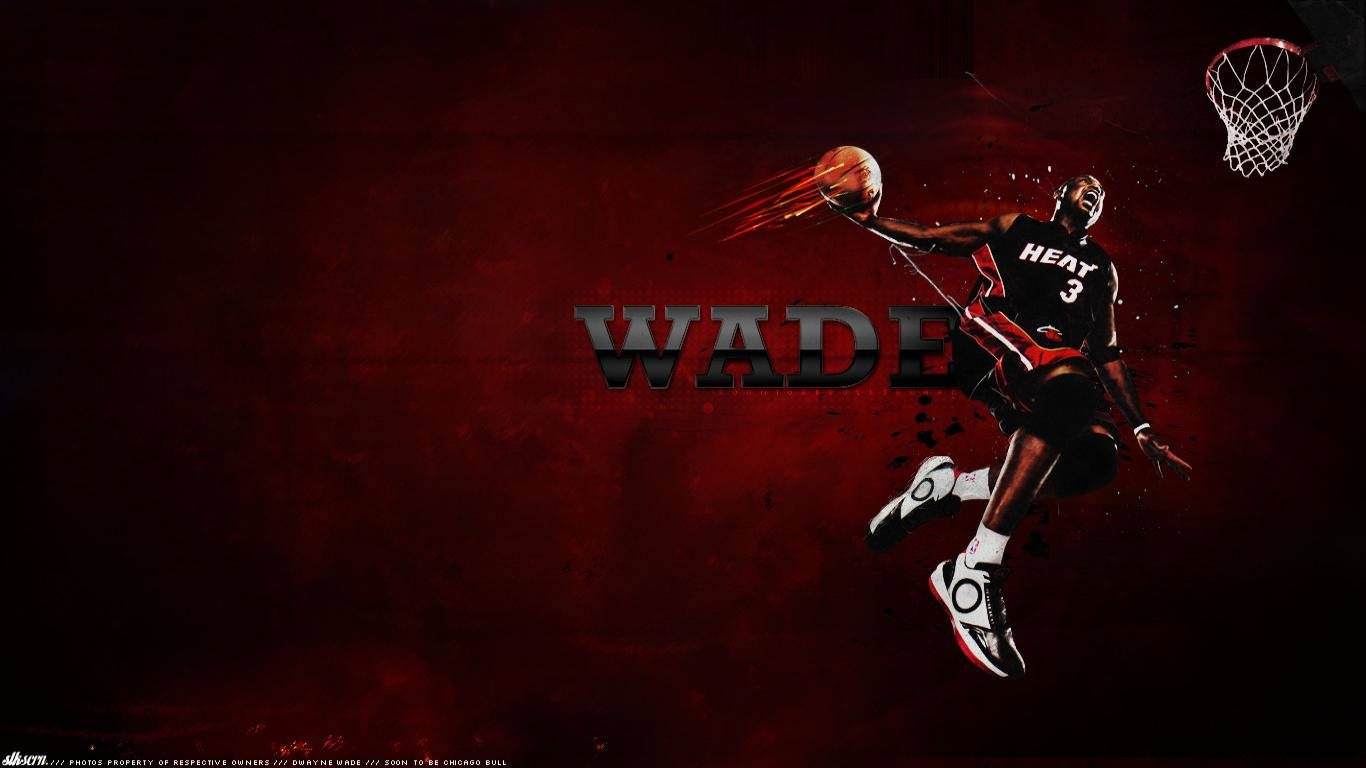 高清運動賽事精彩瞬間 壁紙 — Dwyane Wade 在半空中入樽籃球，背景係深紅色紋理，佢個名用粗體字顯示。
