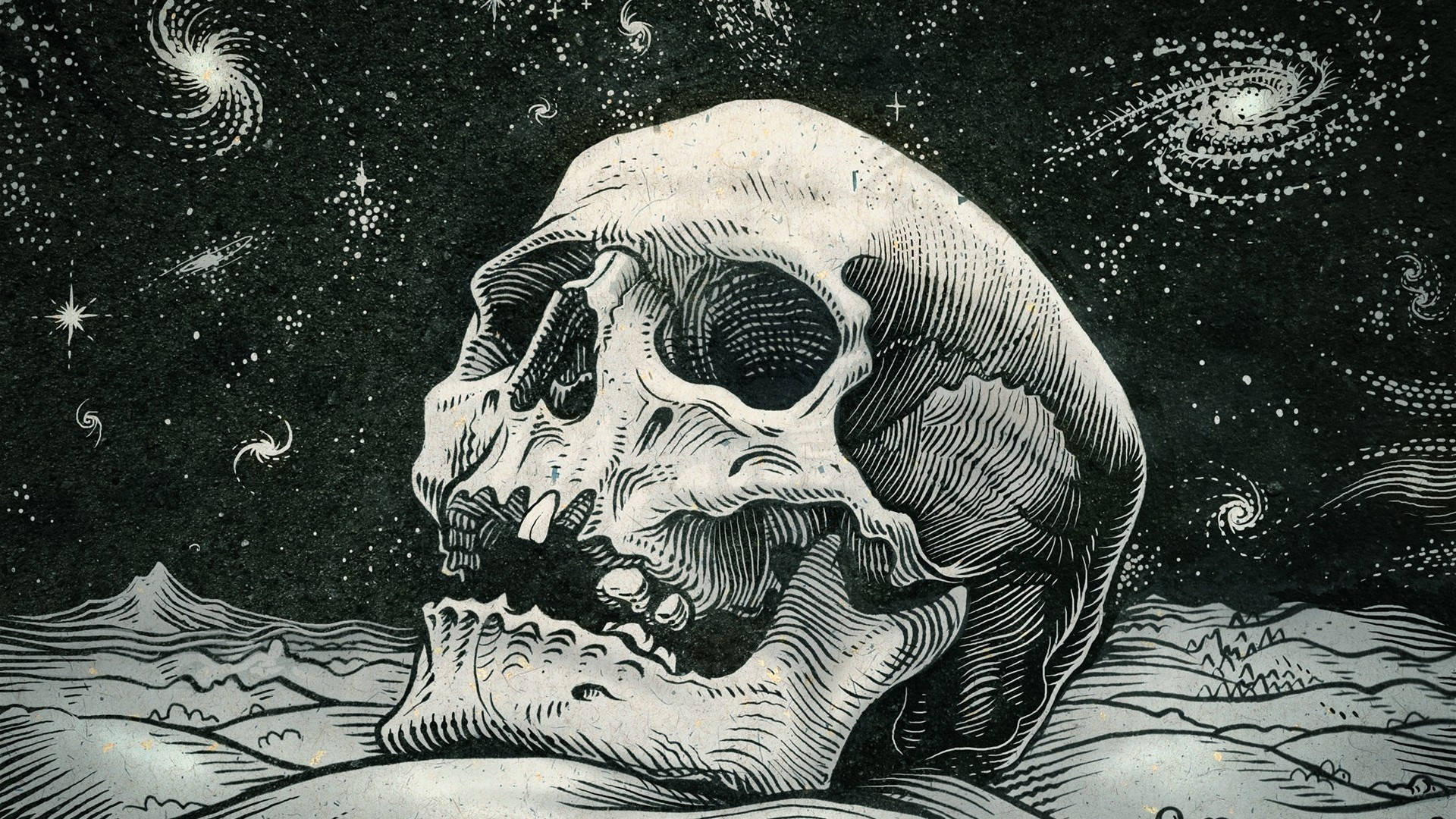 高清骷髏配星雲藝術 壁紙 — 一個細節豐富的頭骨躺在荒蕪的地景上，上方是旋轉的星系和星星，以鮮明的黑白插圖呈現。