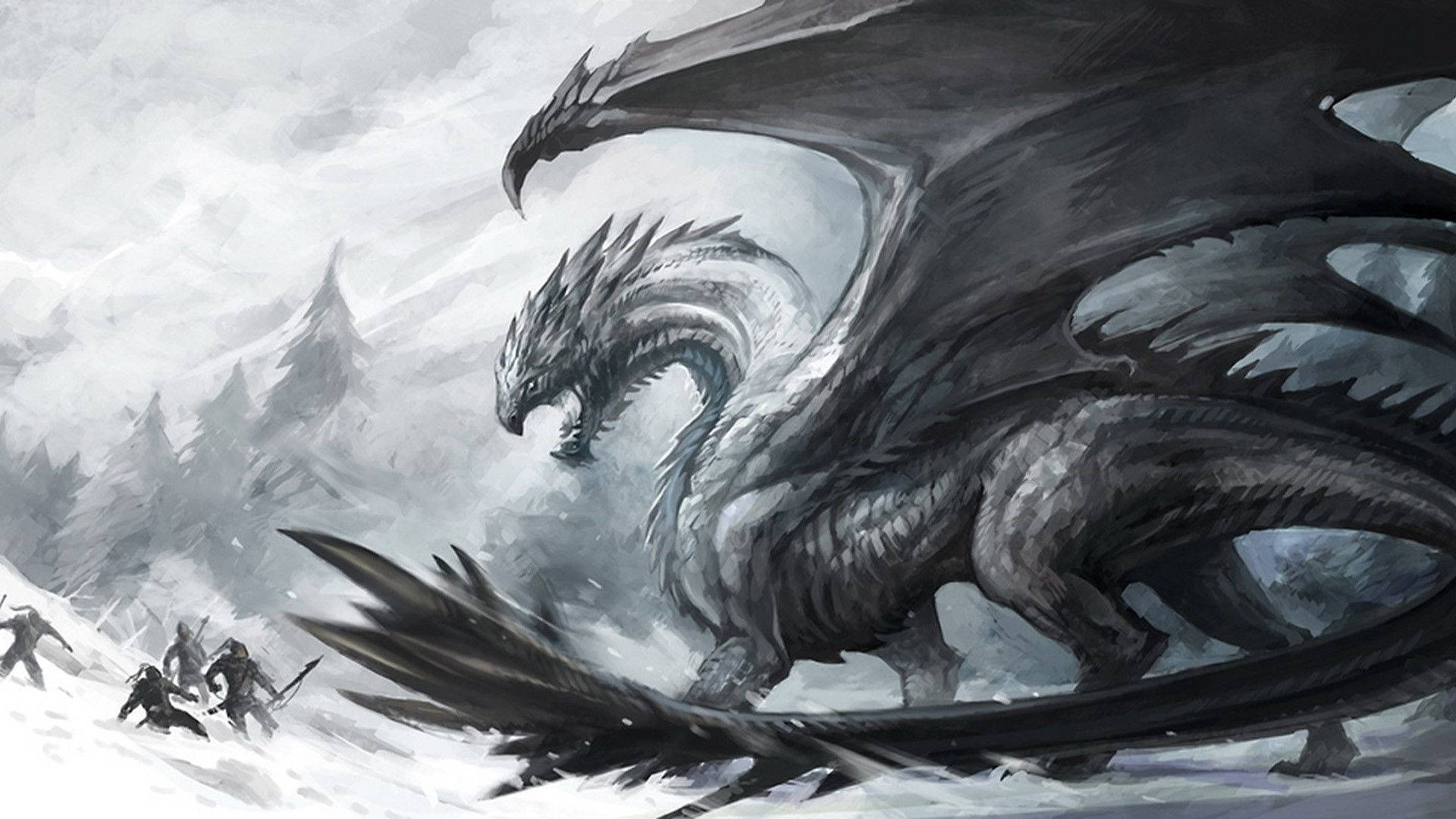高清龍風雪戰鬥 壁紙 — 一隻巨大的黑暗巨龍在風暴天空下的雪域山景中，籠罩著細小的盔甲戰士。