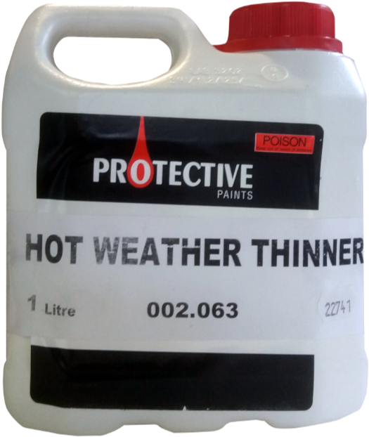 高溫稀釋劑產品圖 壁紙 — 一個白色塑膠壺，標有「Protective Paints Hot Weather Thinner」，紅色蓋子和毒藥警告。