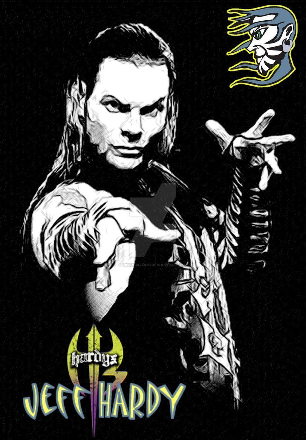 摔角手 Jeff Hardy 在風格化的黑白插圖中向前指。