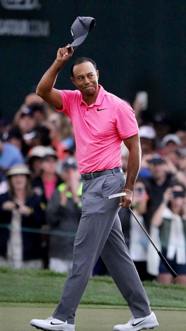 高爾夫之王老虎伍茲 iPhone 壁紙 — Tiger Woods 身穿亮粉紅色Polo衫，在綠色球場上揮舞高爾夫球桿向球迷致意。