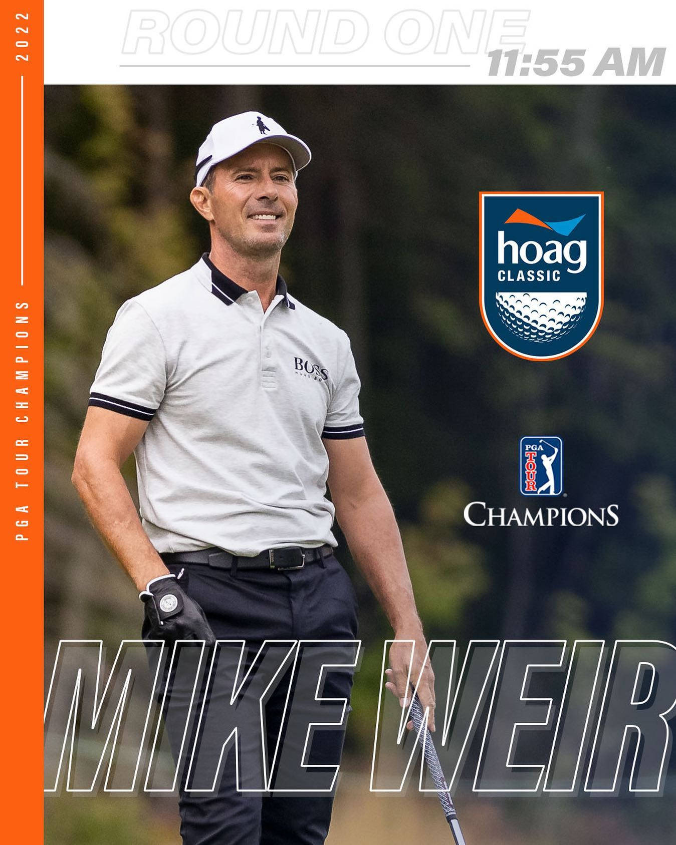 高爾夫賽程海報：麥克·威爾 壁紙 — 高爾夫球手Mike Weir在2022年Hoag Classic PGA Tour Champions賽事中自信地微笑。