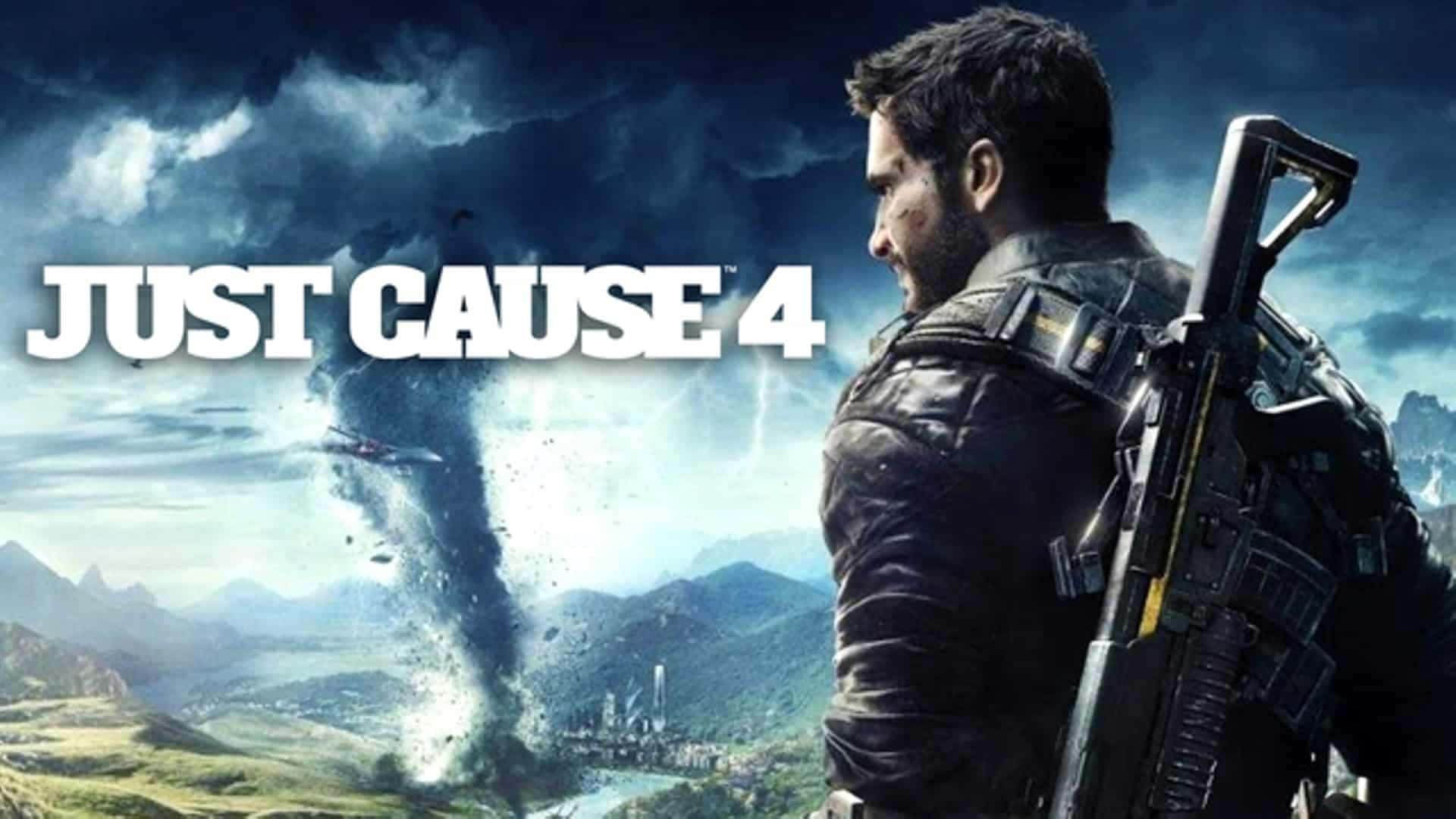 高畫質 1920x1080 解析度的 Just Cause 4 遊戲畫面背景 壁紙 — 一個粗獷的男人拿著步槍站在高處俯瞰山區景觀，而一個巨大的龍捲風正在撕裂下方的山谷。