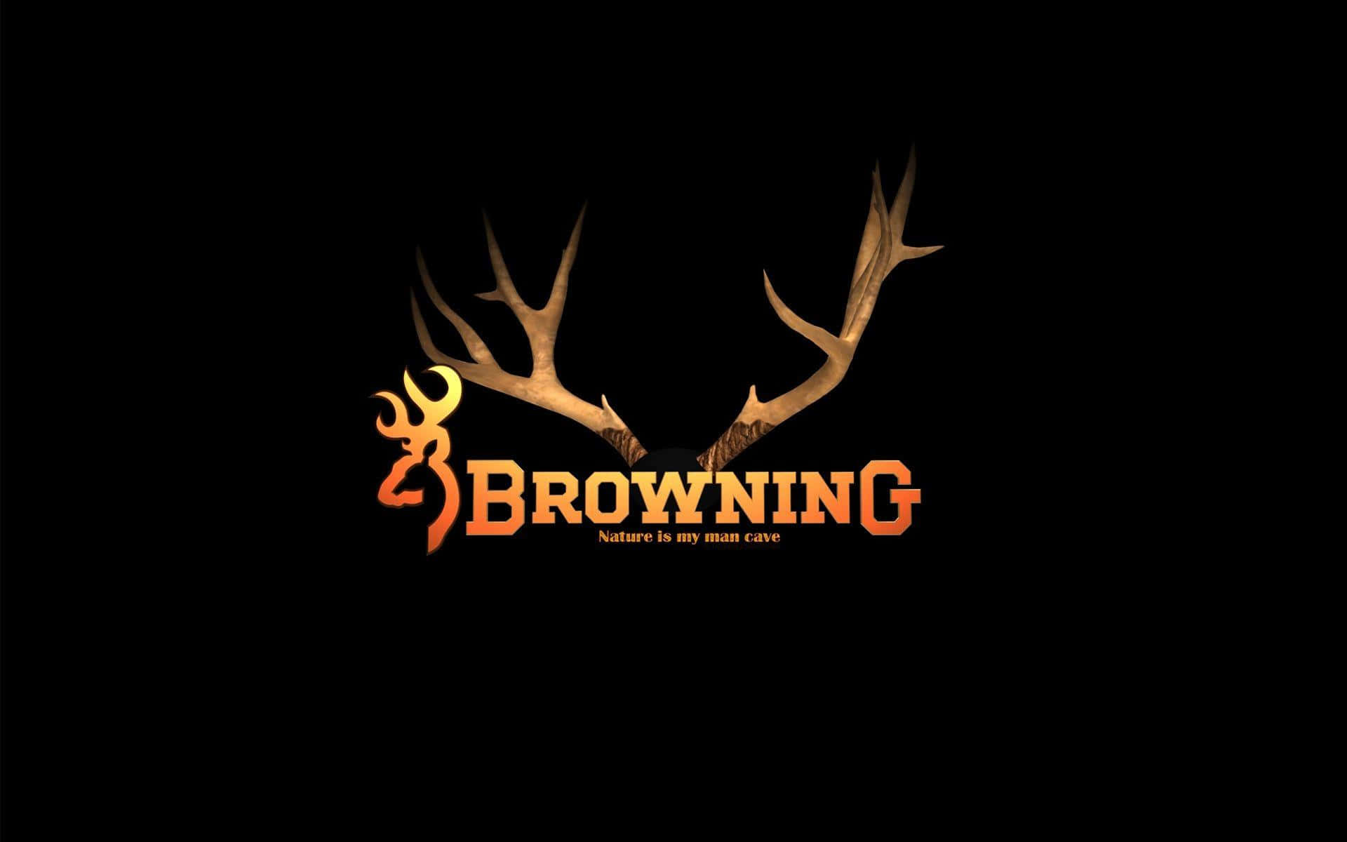 Browning 標誌，帶有鹿角及標語 nature is my man cave。