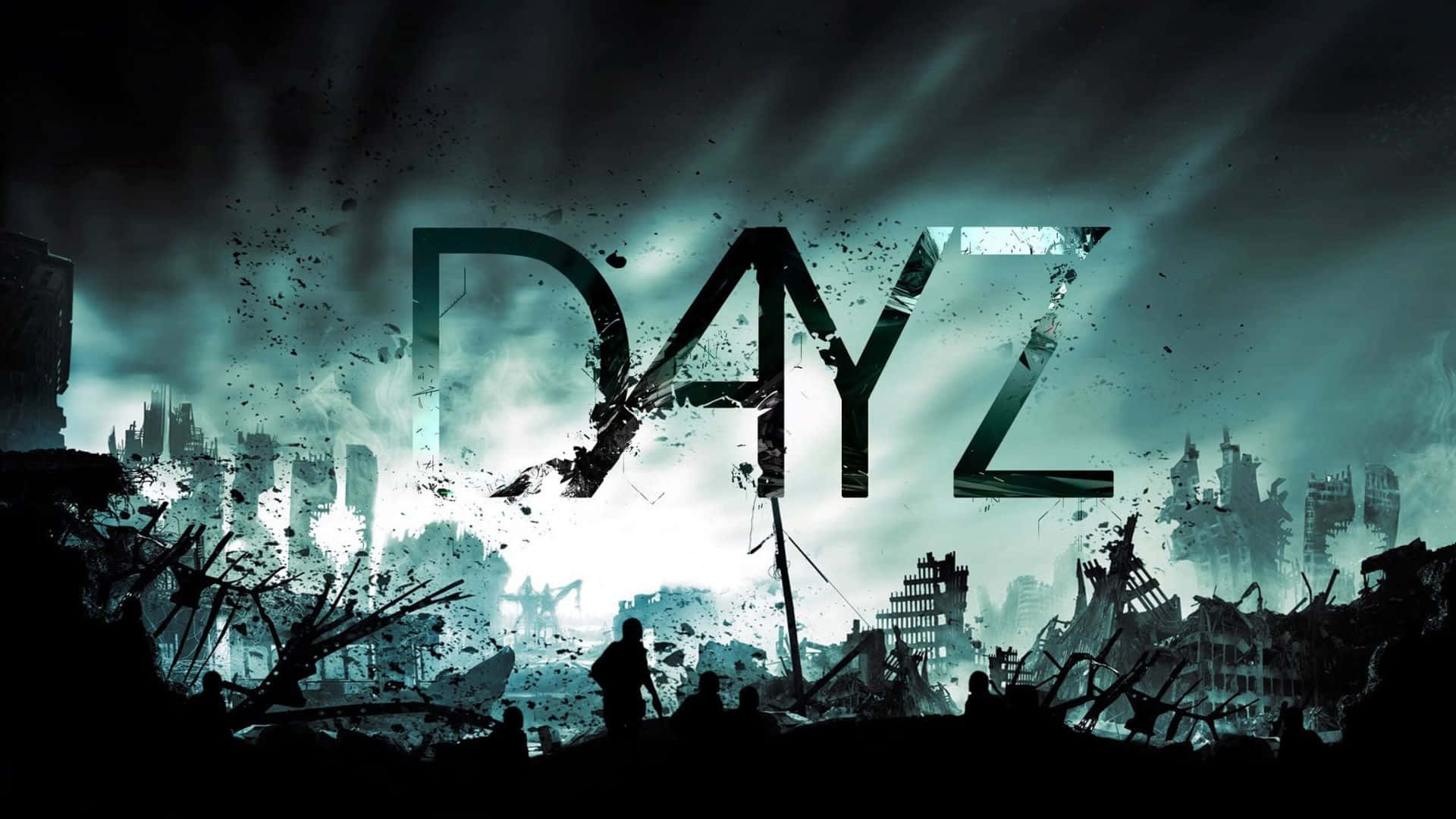 高畫質 DayZ 遊戲背景 1080p 壁紙 — 剪影中的倖存者站在破碎的 'DAYZ' 標誌前，背景是廢墟城市景觀，風暴般的青綠色天空。