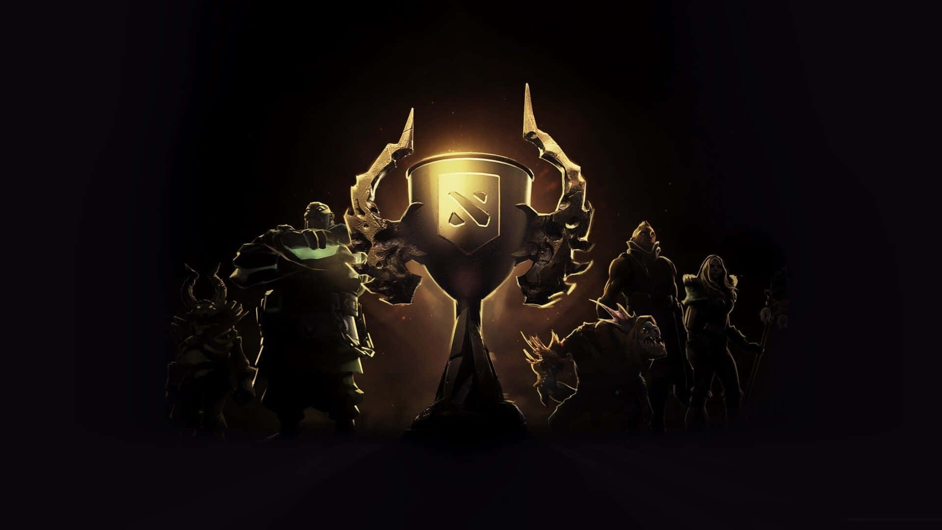奇幻戰士在黑暗中高舉發光的Dota 2冠軍獎盃。