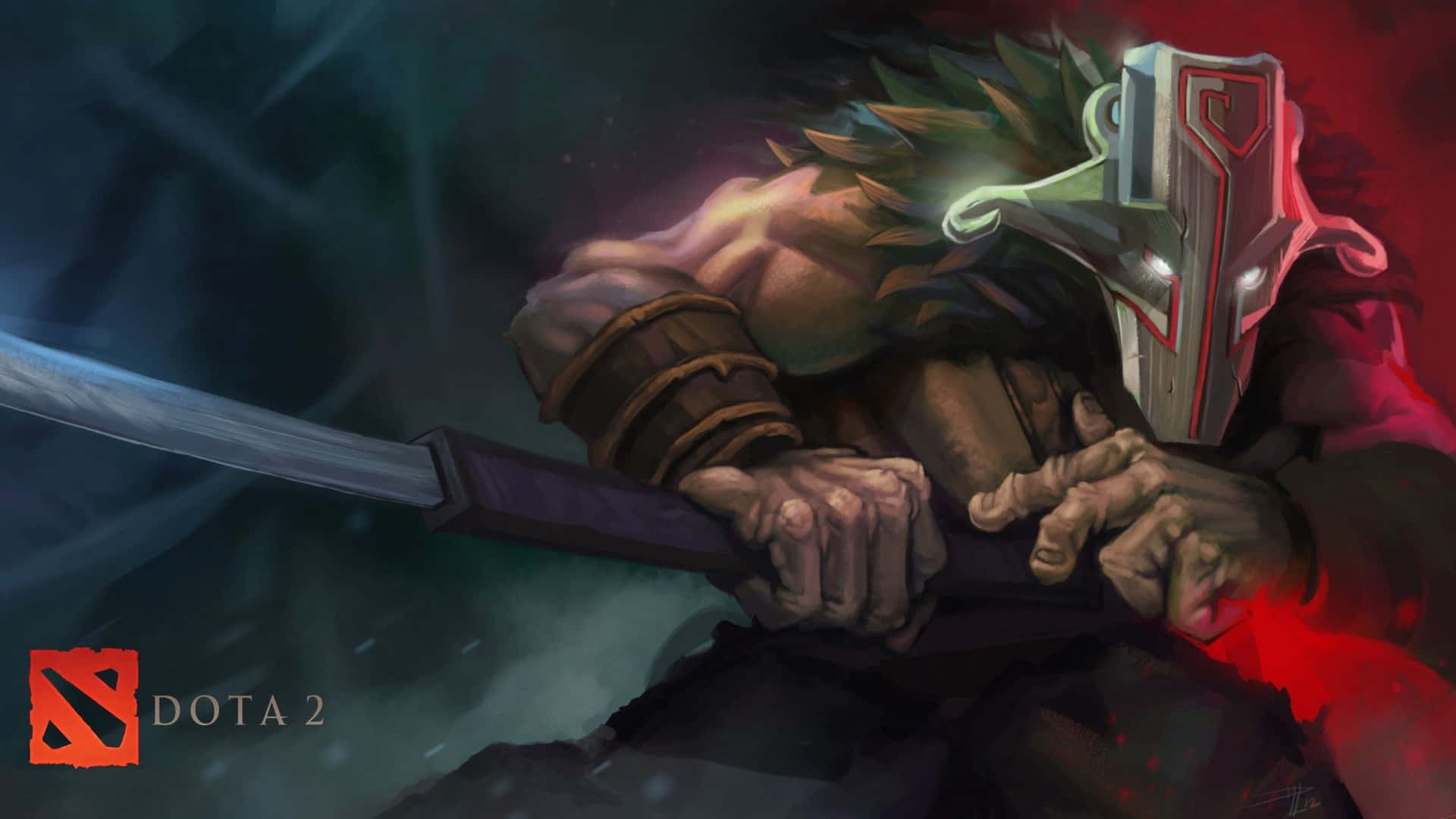 戴住面具嘅Dota 2戰士喺黑暗煙霧戰鬥場景中握緊發光嘅劍