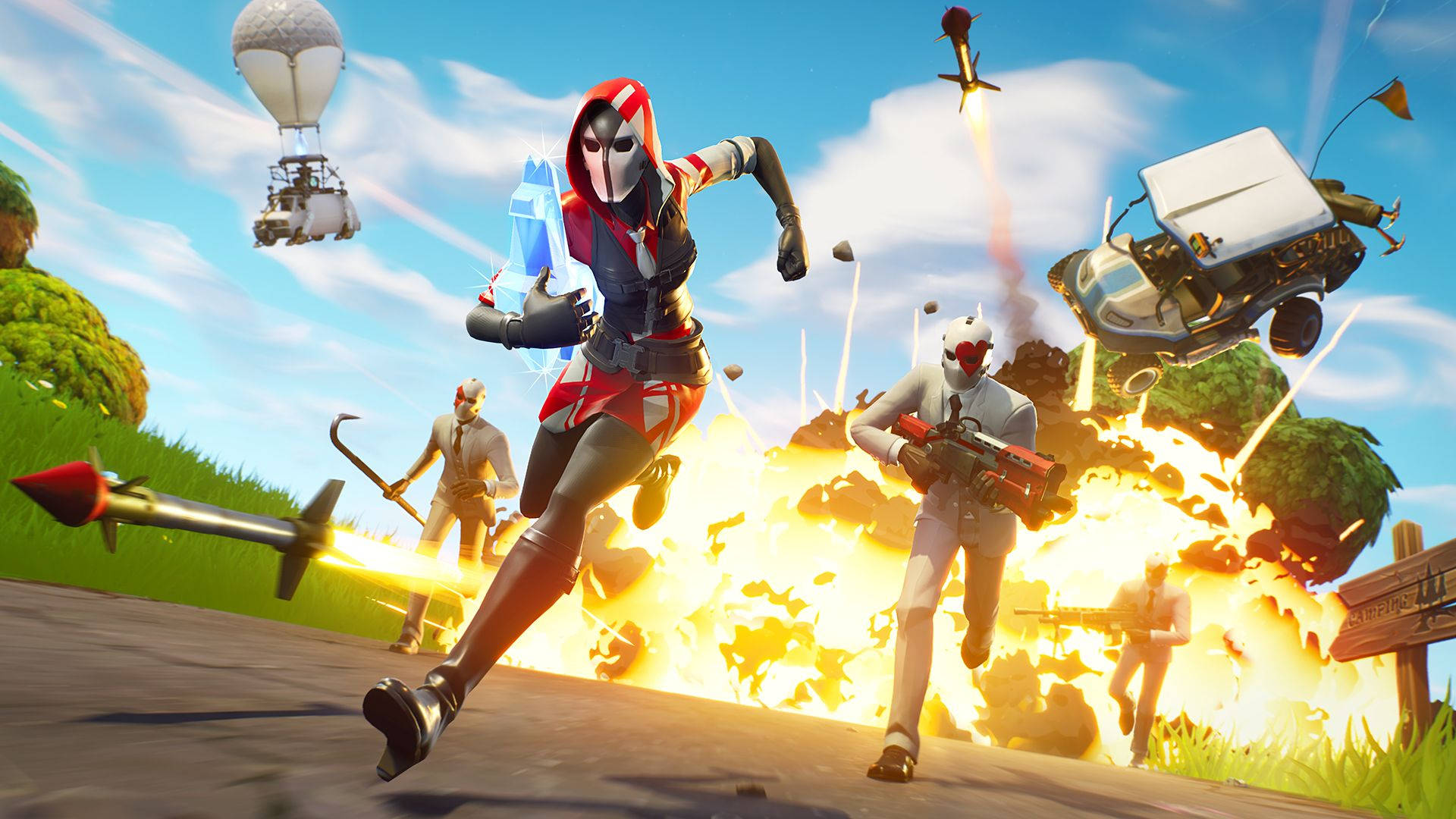 Fortnite角色穿過有飛行車輛和熱氣球的爆炸奔跑。