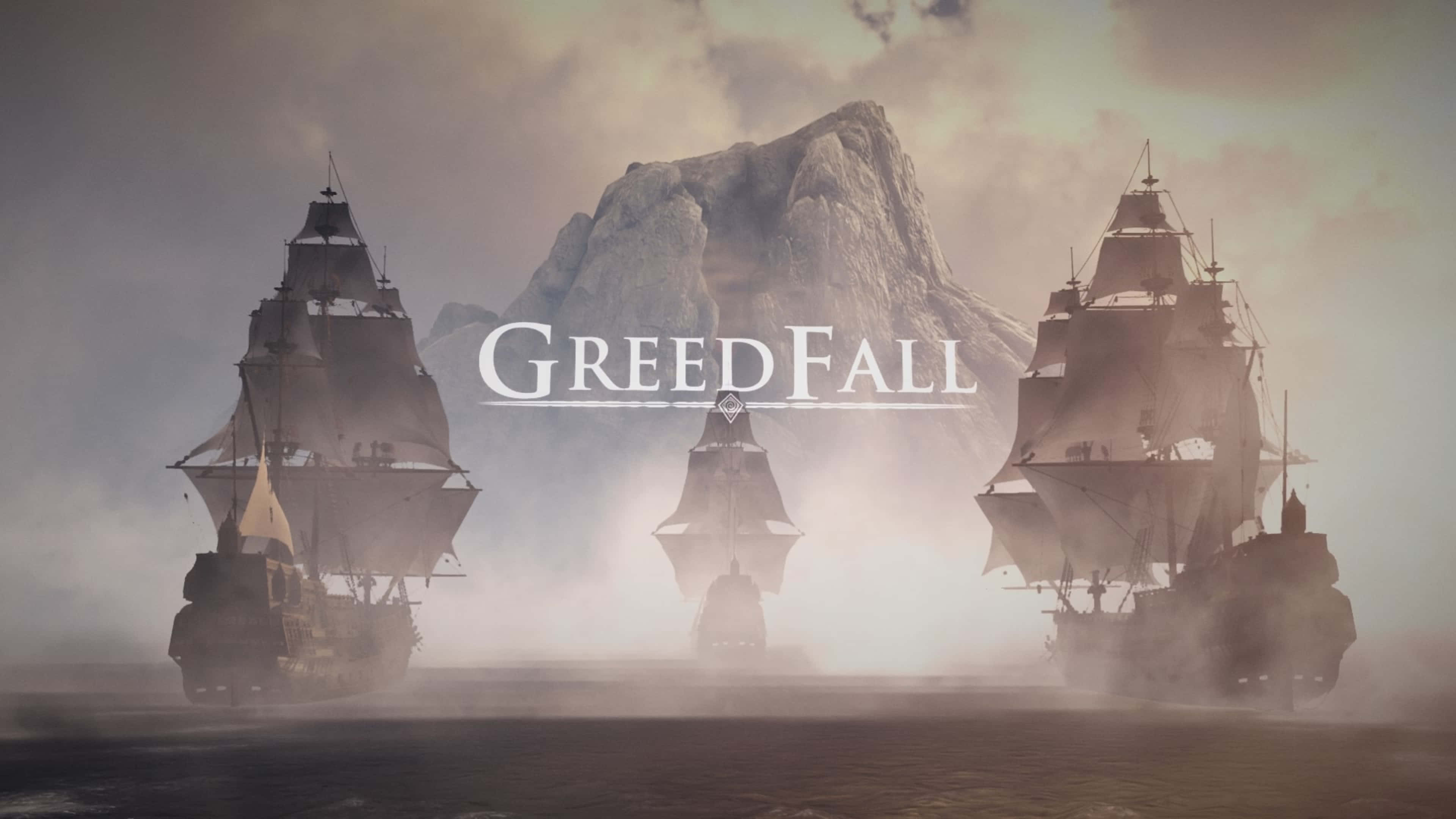高畫質《GreedFall》背景：三艘戰艦 壁紙 — 三艘帆船在迷霧的海上航行，朝向一座高聳的山峰，上方閃爍著 GreedFall 的標題。
