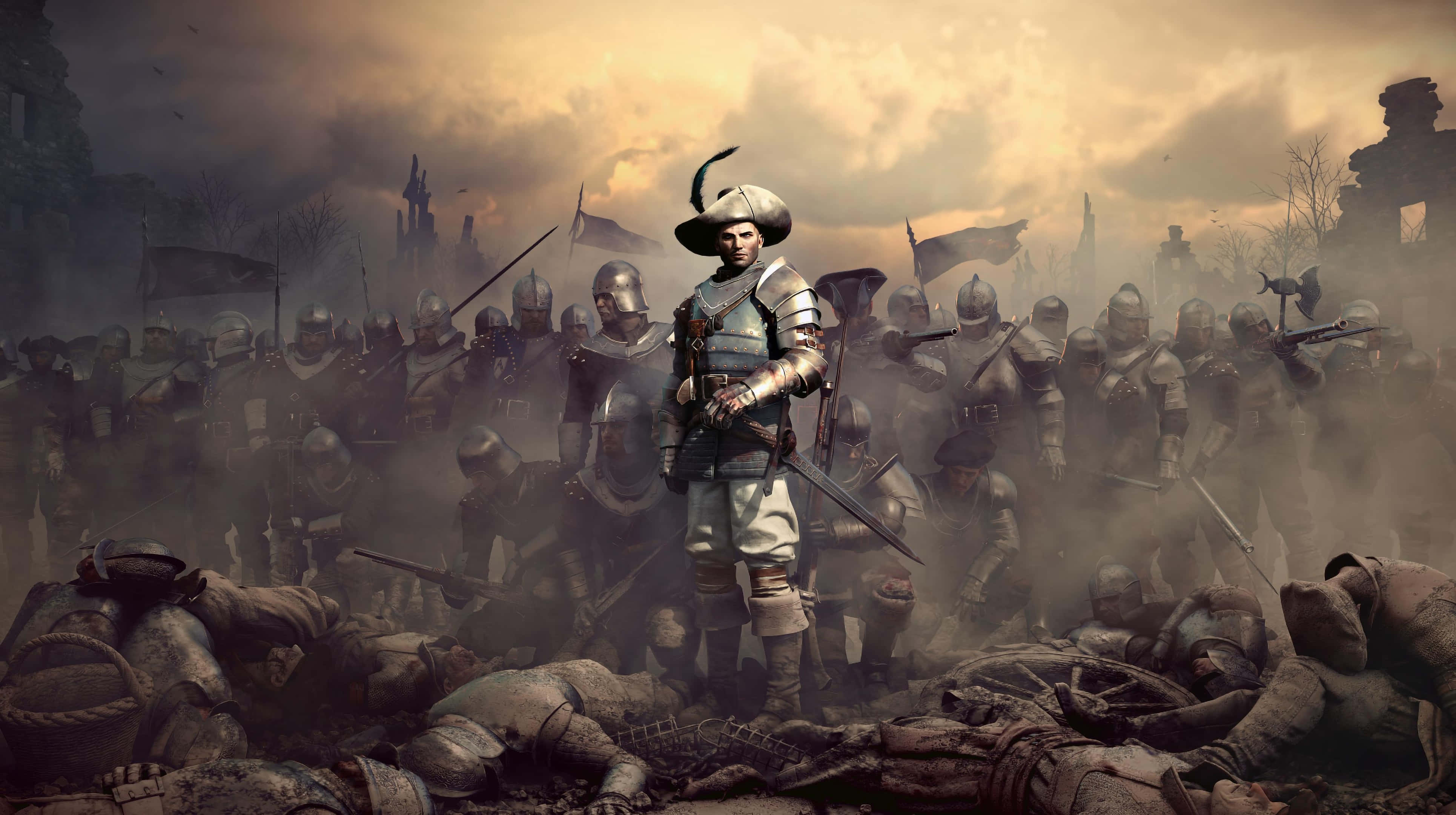 高畫質《GreedFall》背景：巴斯科與他的軍隊 壁紙 — 一名孤獨的裝甲士兵在煙霧瀰漫的黃昏天空下，在倒下的戰友和飽受戰爭蹂躪的戰場上 defiantly 站立。