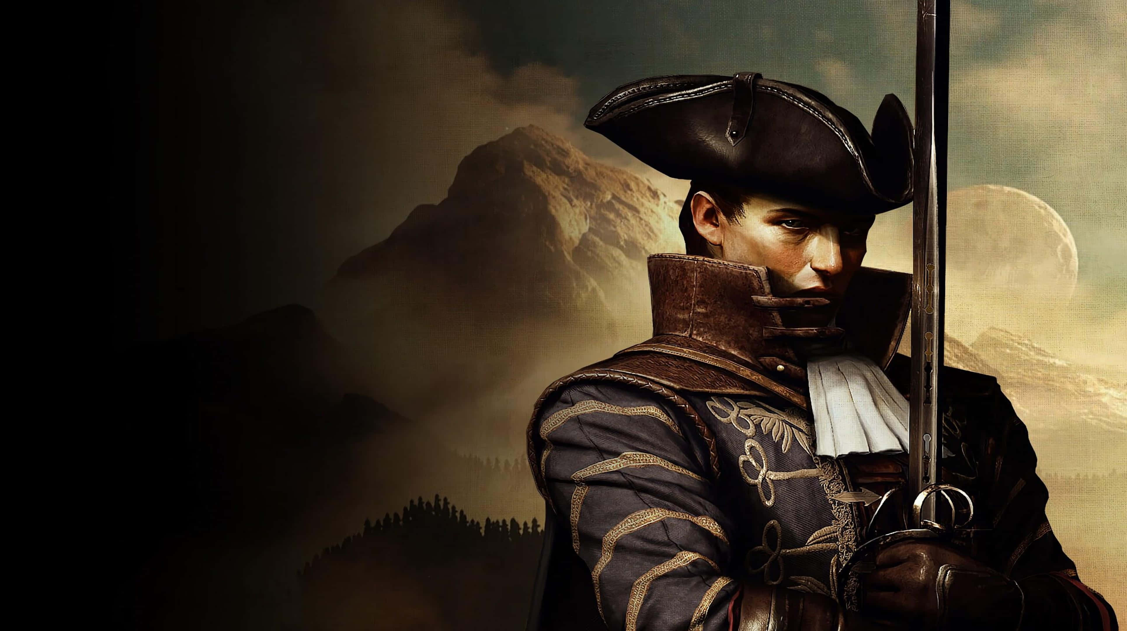 高畫質《GreedFall》背景：瓦斯科肖像 壁紙 — 一個戴三角帽的嚴肅海盜，在月光下，以霧氣籠罩的山脈為背景，緊握著劍。
