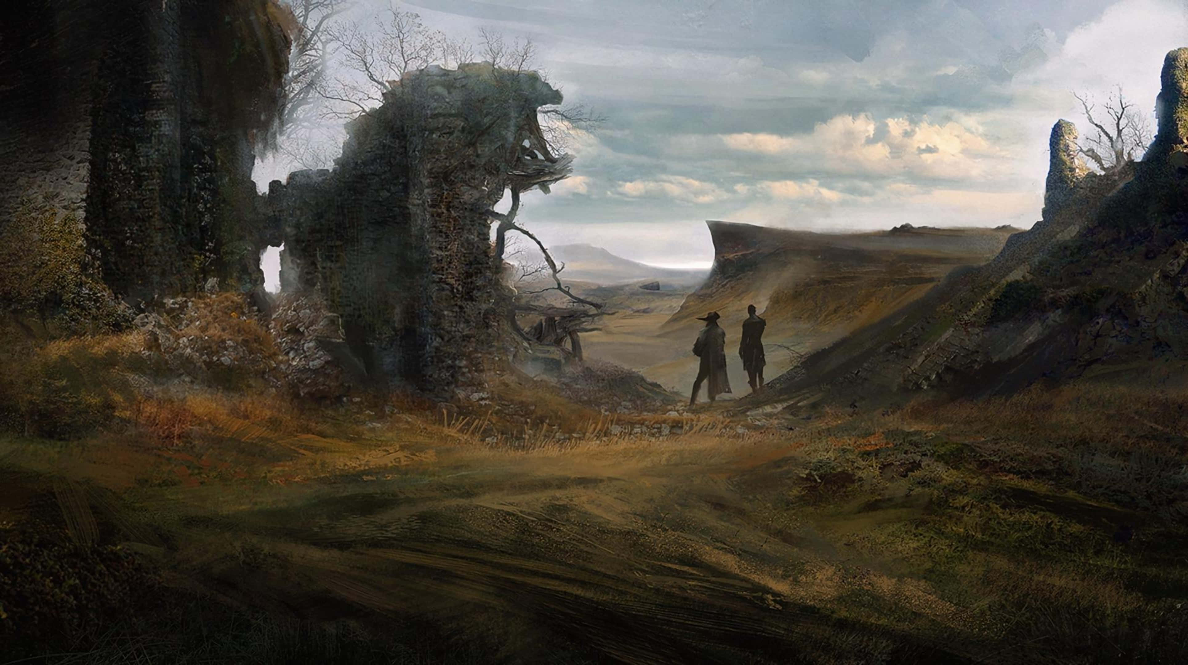 高畫質《GreedFall》背景：風景畫作同人圖 壁紙 — 兩個人物在陰雲密布的天空下走過荒涼的景觀，經過 crumbling 的石頭廢墟。