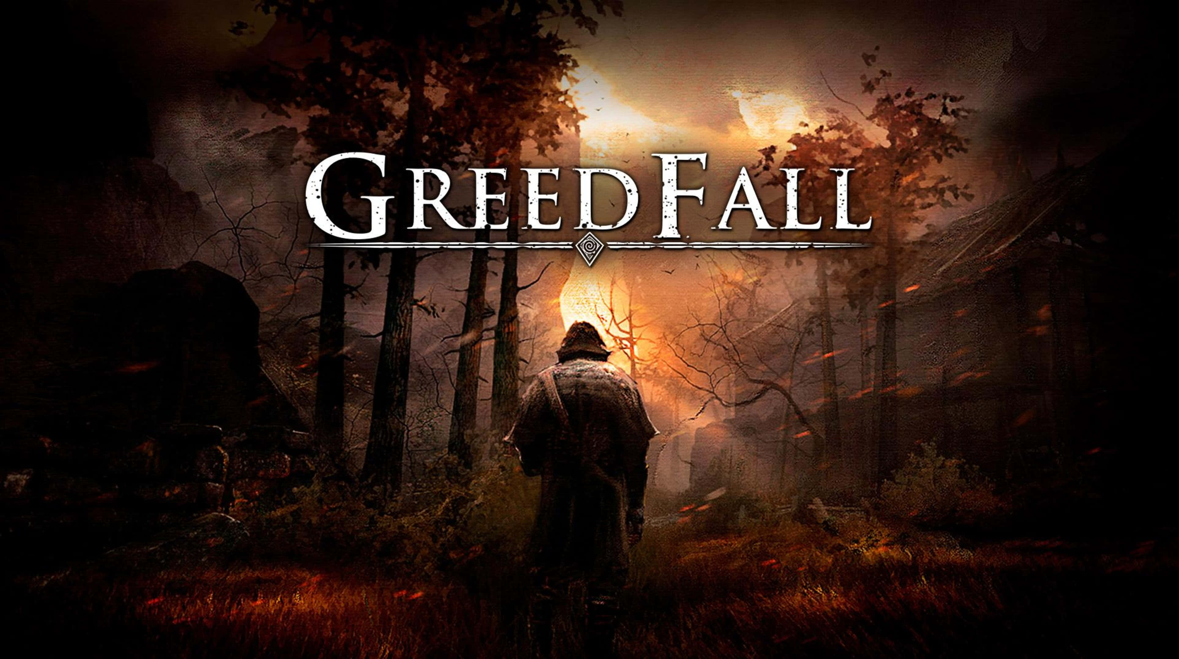 高畫質《GreedFall》背景：戰士遊戲標題海報 壁紙 — 一個孤獨的戴兜帽的身影在日落時分穿過霧氣瀰漫的森林，上方標題 GreedFall 閃耀著光芒。