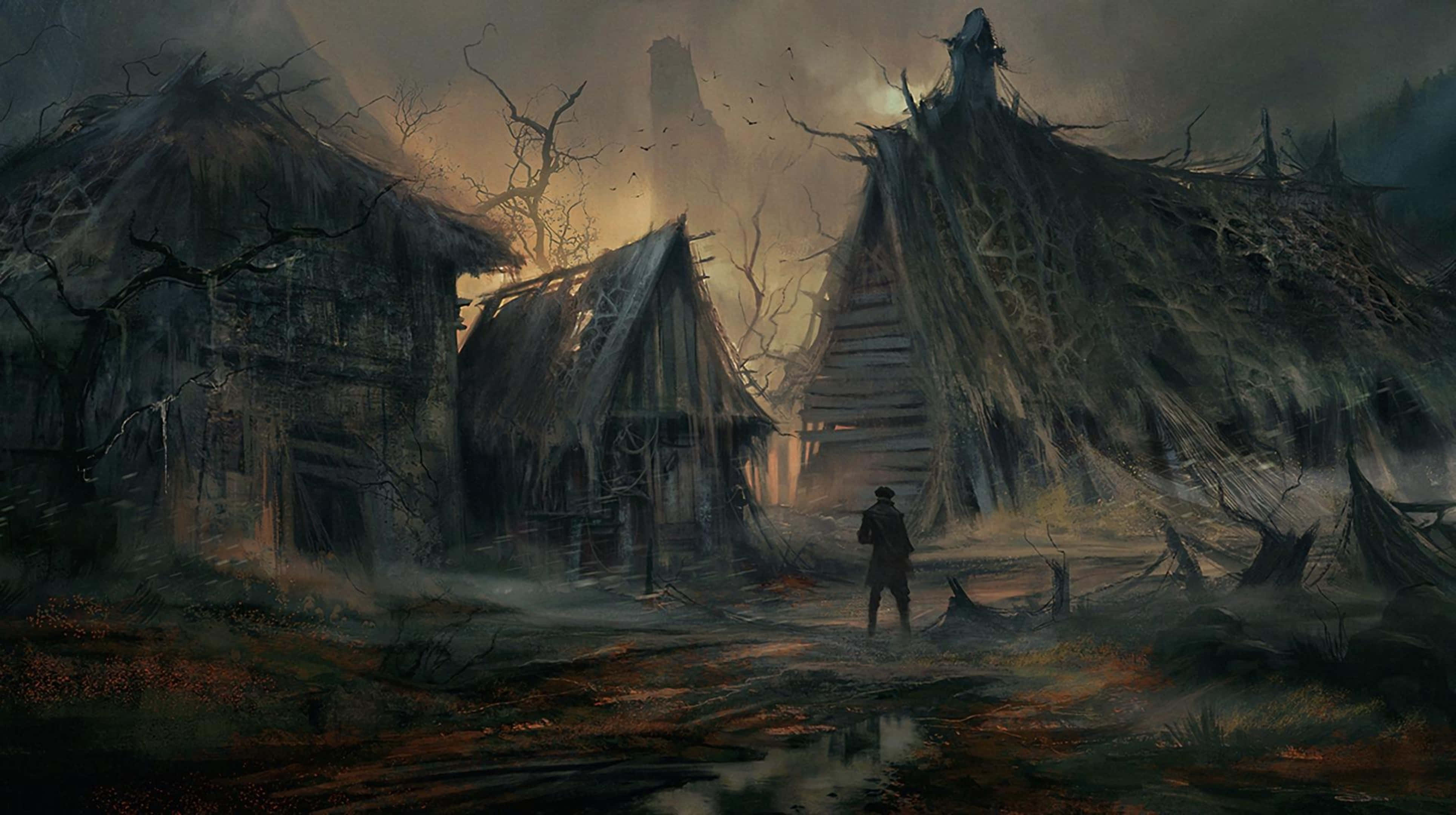 高畫質《GreedFall》背景：詭異村落 壁紙 — 一個孤獨的身影走過一個迷霧籠罩、破敗的村莊，村中有搖搖欲墜的小屋和扭曲的樹木，天空陰沉。