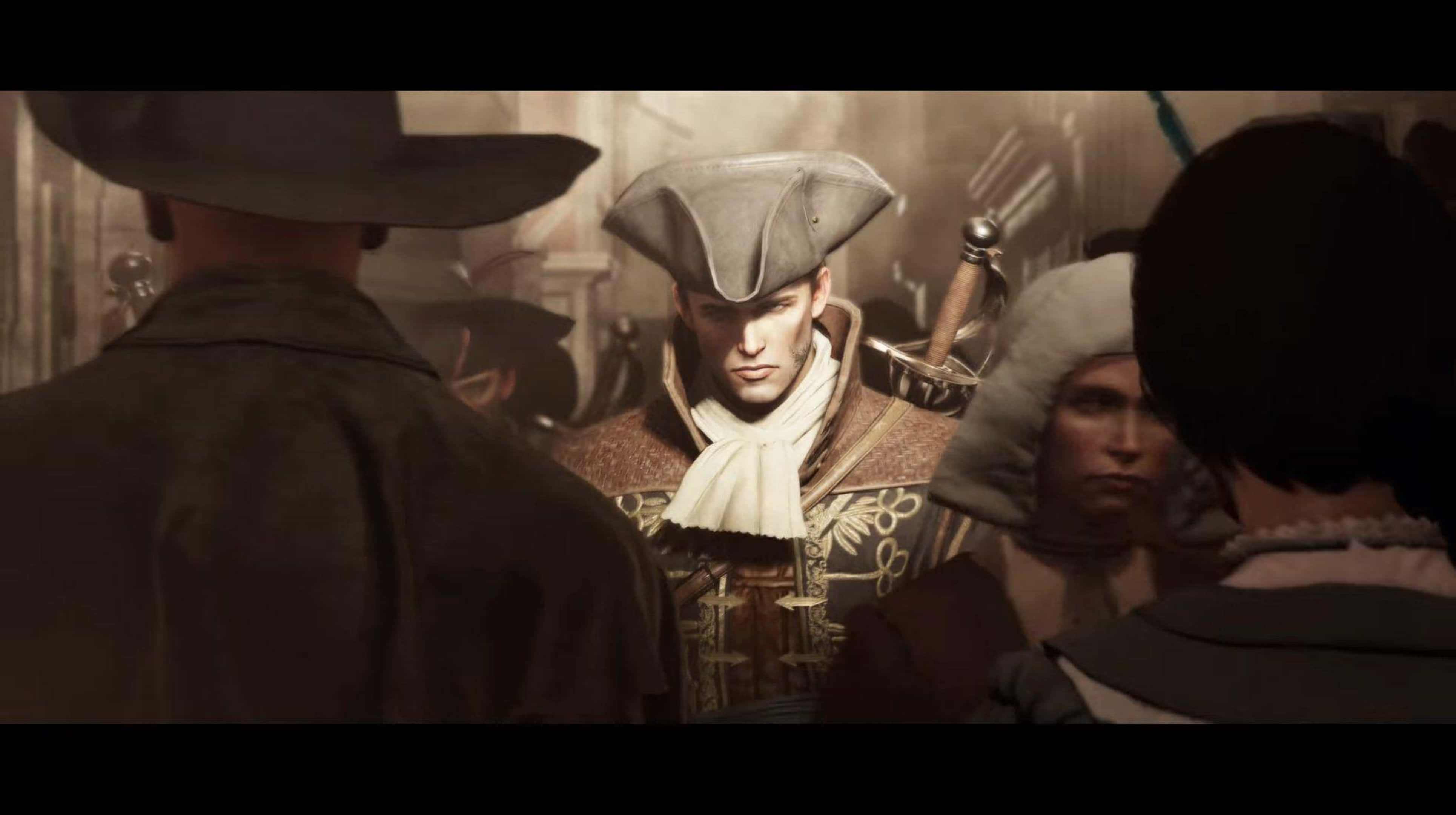高畫質《GreedFall》背景：德薩德男爵置身繁忙街市 壁紙 — 一個戴三角帽、穿華麗外套的嚴肅男子，在燈光昏暗的歷史人群中站在舞台中央。