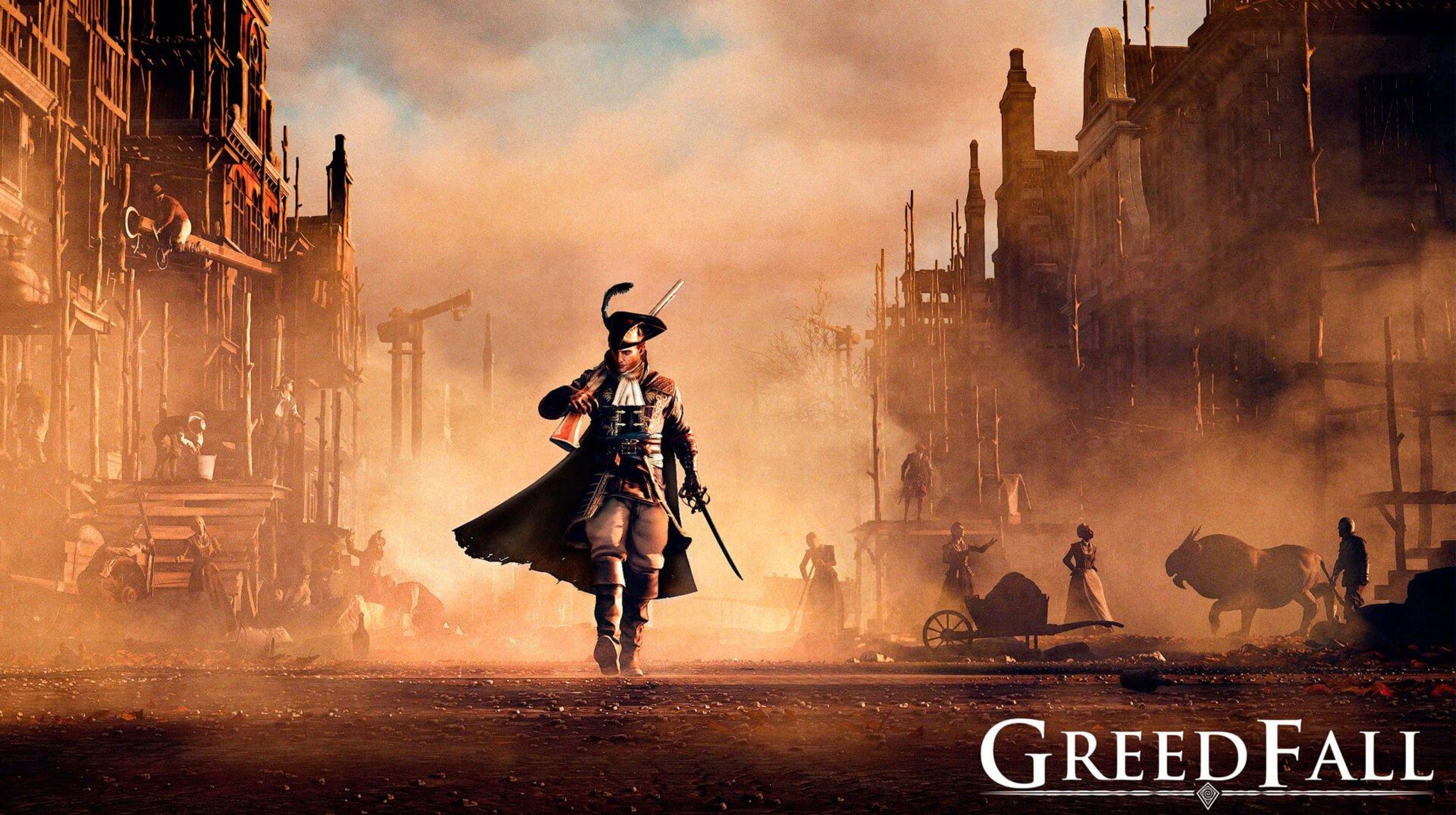 高畫質《GreedFall》背景：薩德公爵行走在路中央 壁紙 — 一名身穿華麗盔甲的海盜，在朦朧的橙色天空下，大步走過塵土飛揚的廢墟城市景觀。