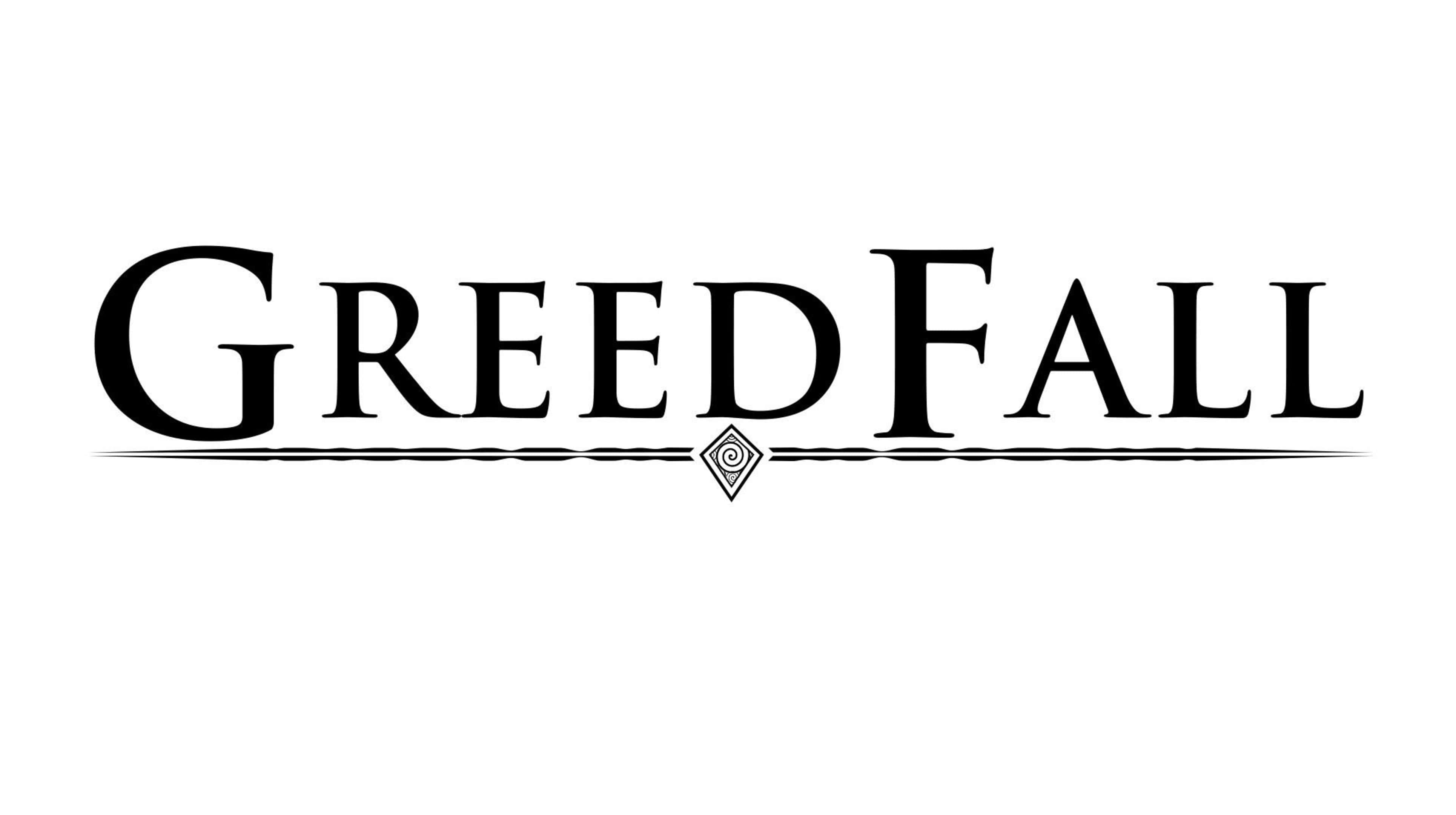 高畫質《GreedFall》背景：遊戲標題白底海報 壁紙 — 粗體黑色襯線文字「GREEDFALL」居中顯示在白色背景上，下方有裝飾線和鑽石標誌。