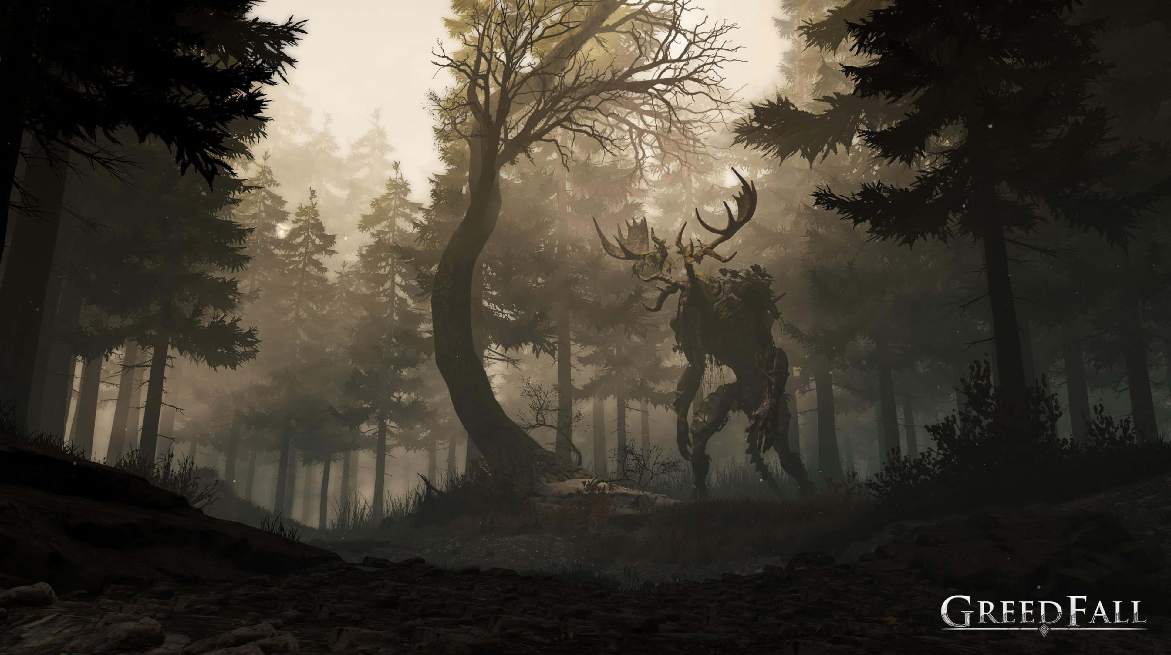 高畫質《GreedFall》背景：森林中的變異鹿 壁紙 — 一隻高聳的怪獸雄鹿，眼睛發光，黎明時分站在迷霧森林中，周圍是扭曲的樹木和詭異的霧氣。