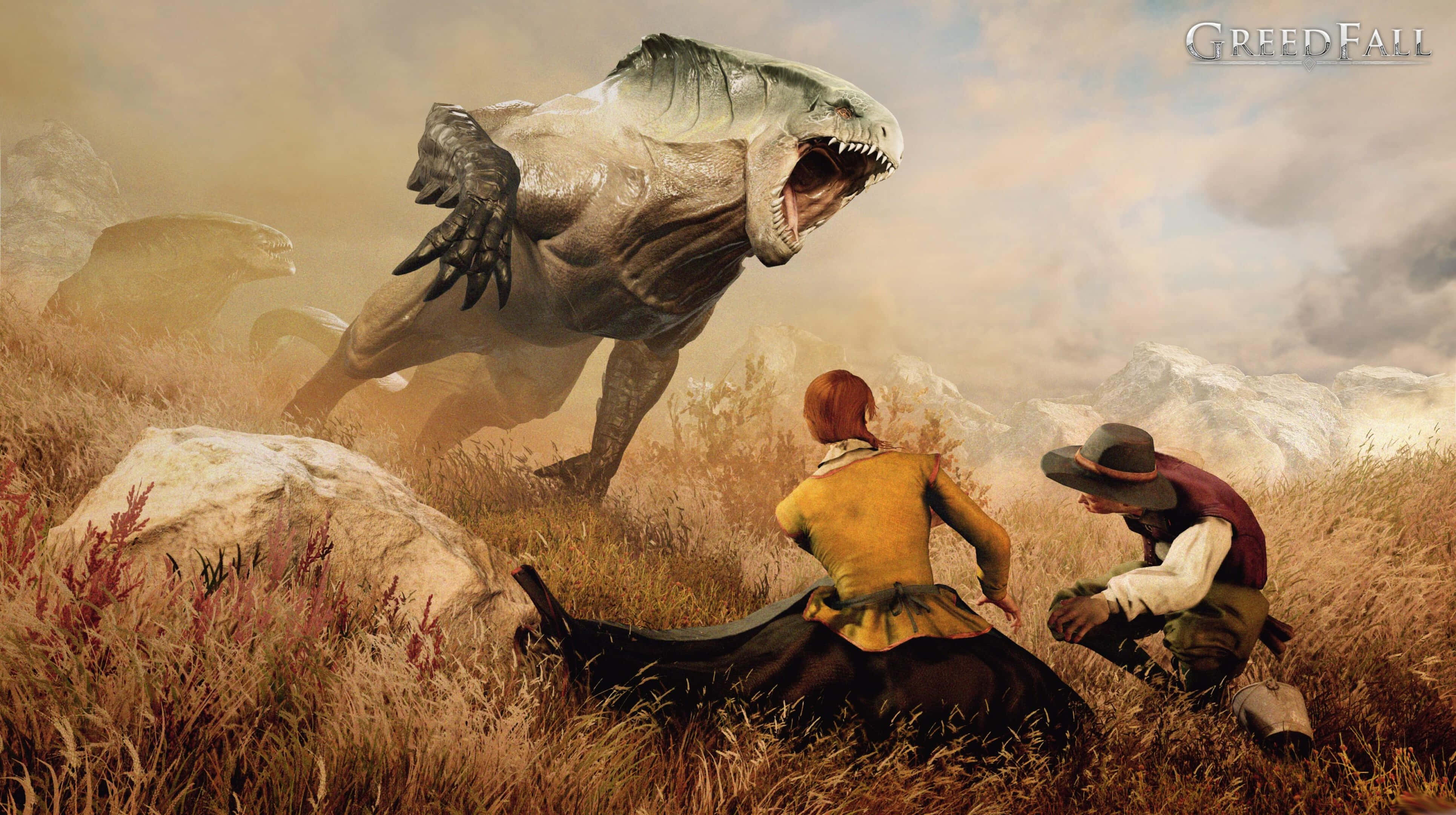高畫質《GreedFall》背景：情侶遭怪物襲擊 壁紙 — 兩位冒險家蹲在高高的草叢中，一隻巨大的咆哮恐龍狀生物在霧氣瀰漫的山谷中向他們猛撲過來。