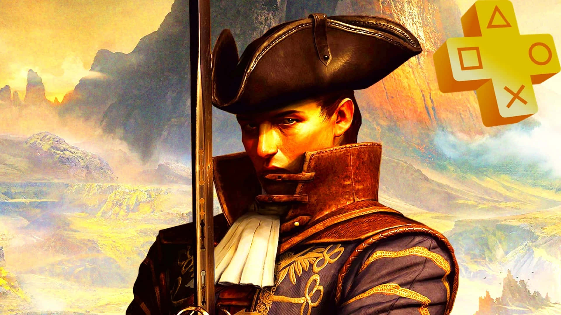 高畫質《GreedFall》背景：船長肖像 壁紙 — 一位嚴肅的海盜船長身穿華麗制服，在岩石懸崖上戲劇性的日落背景下手持劍，並有發光的PlayStation標誌。
