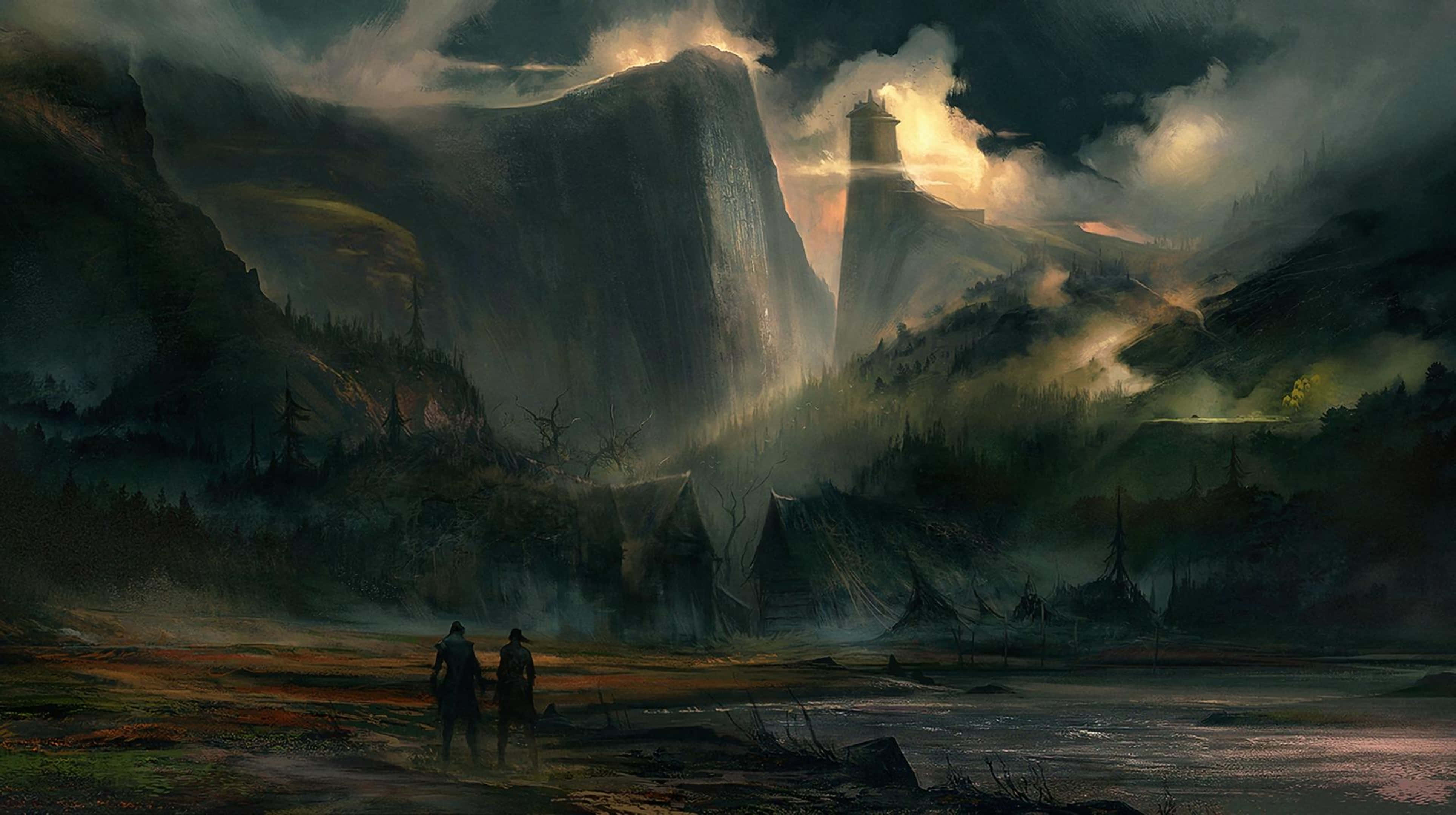 高畫質《GreedFall》背景：兩位冒險者的畫作 壁紙 — 兩個人物在風暴山穀中走向懸崖頂上的一座神秘塔樓，發光的光芒穿透雲層。