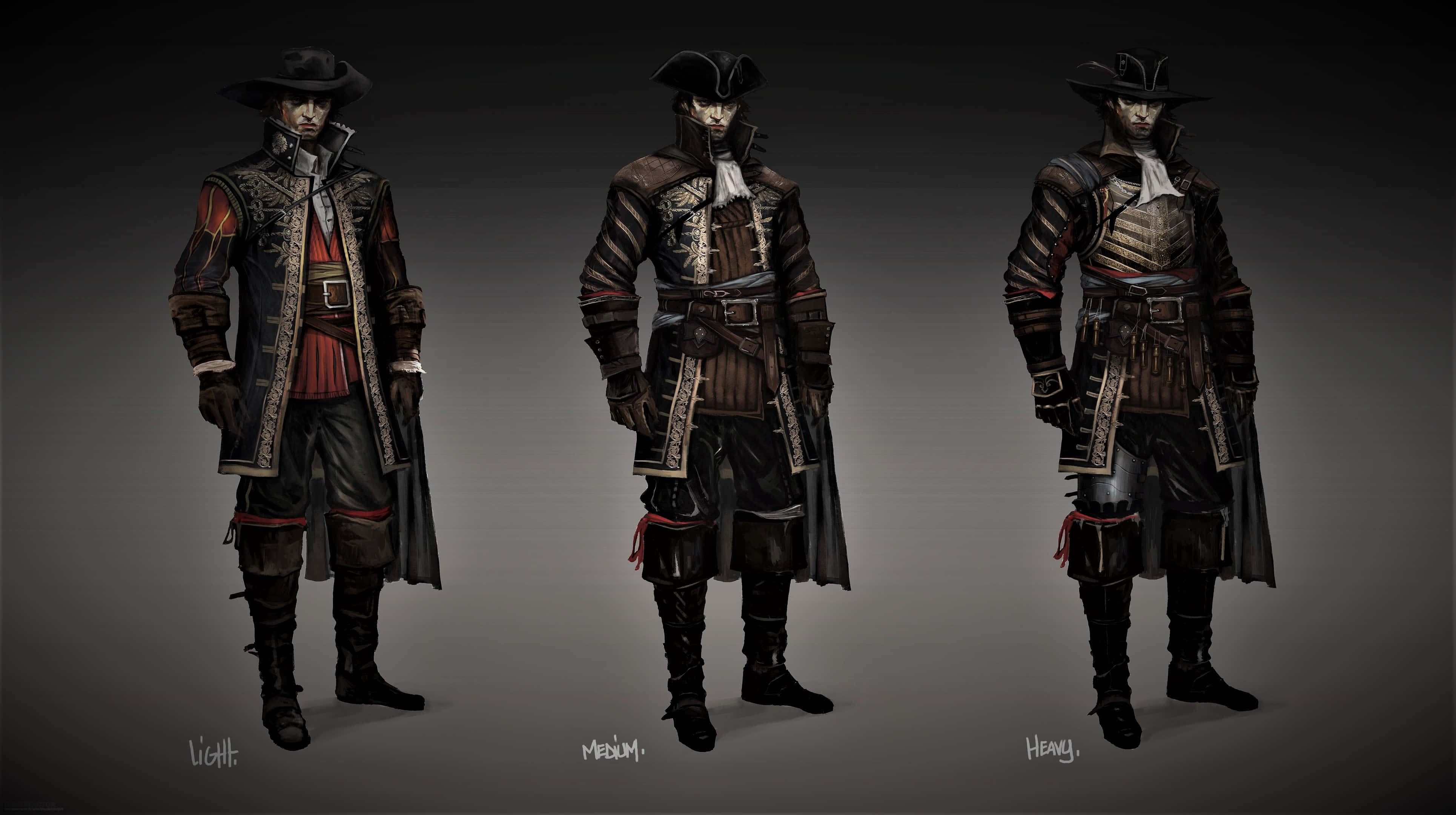高畫質《GreedFall》背景：三名男性角色模型 壁紙 — 三個身穿深色外套和三角帽的裝甲海盜角色，在漸變灰色背景前擺出攝影棚姿勢。
