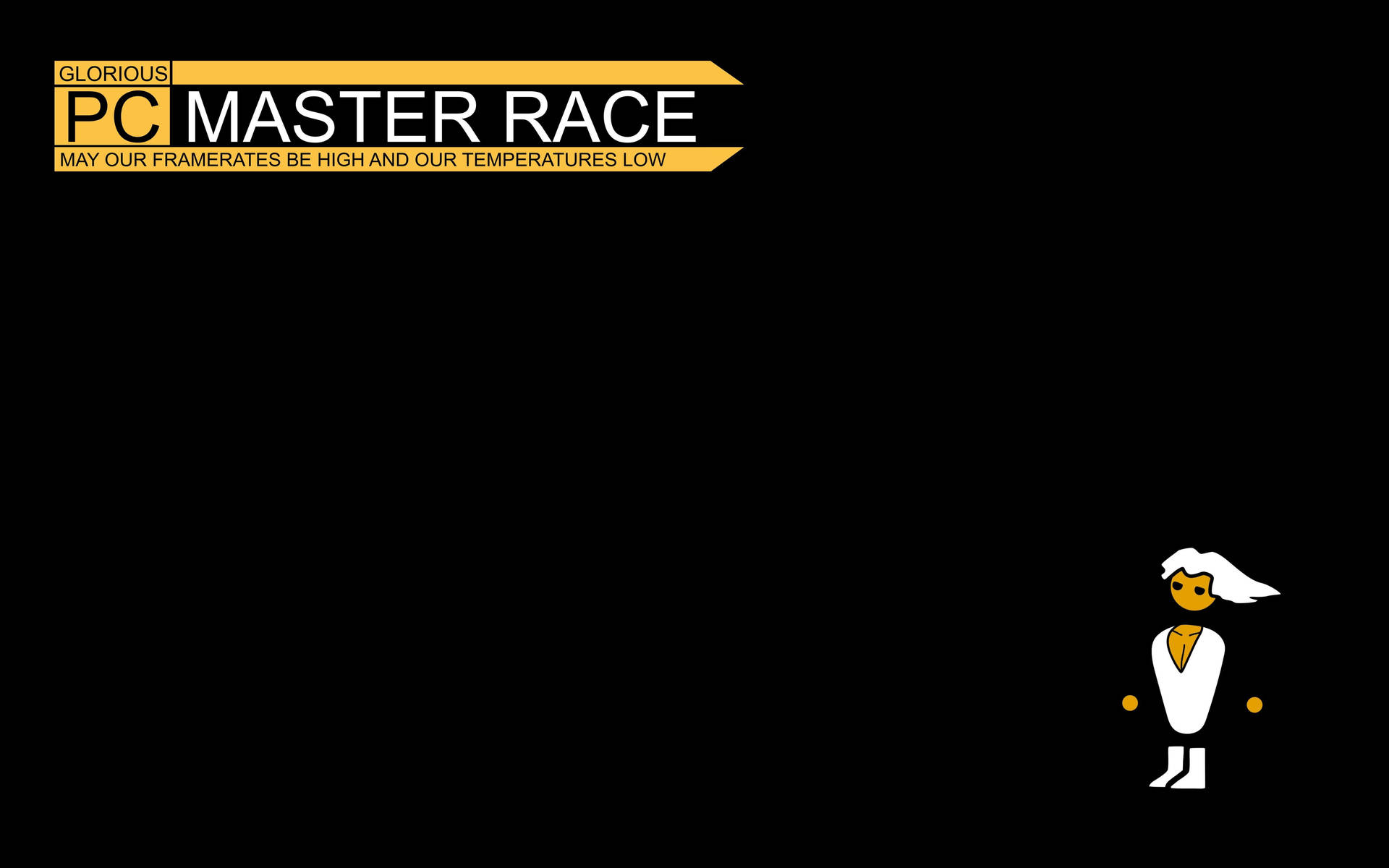 一個白色卡通角色在PC Master Race橫幅下，帶有遊戲幽默文字。
