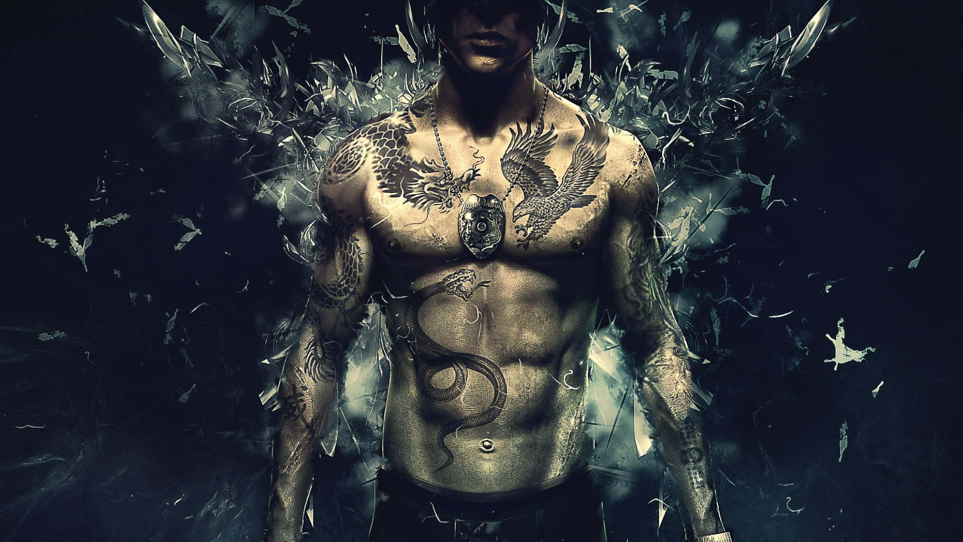 高畫質《Sleeping Dogs》韋森紋身全身背景 壁紙 — 一個紋有龍鳳紋身的男人站在破碎的玻璃中，氣氛陰暗而充滿情緒。