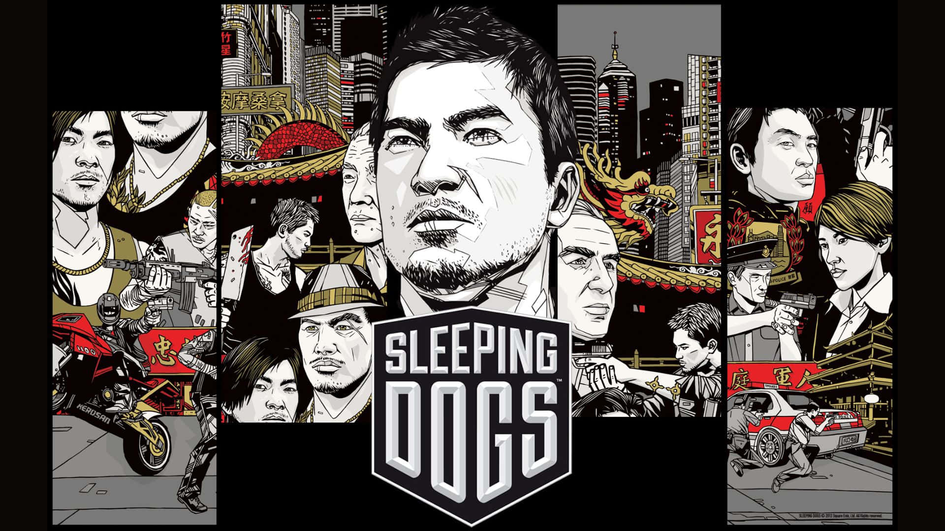 高畫質《Sleeping Dogs》遊戲藝術背景 壁紙 — 《睡狗》風格化漫畫海報，中央男性主角被都市動作場景和亞洲城市景觀元素包圍。