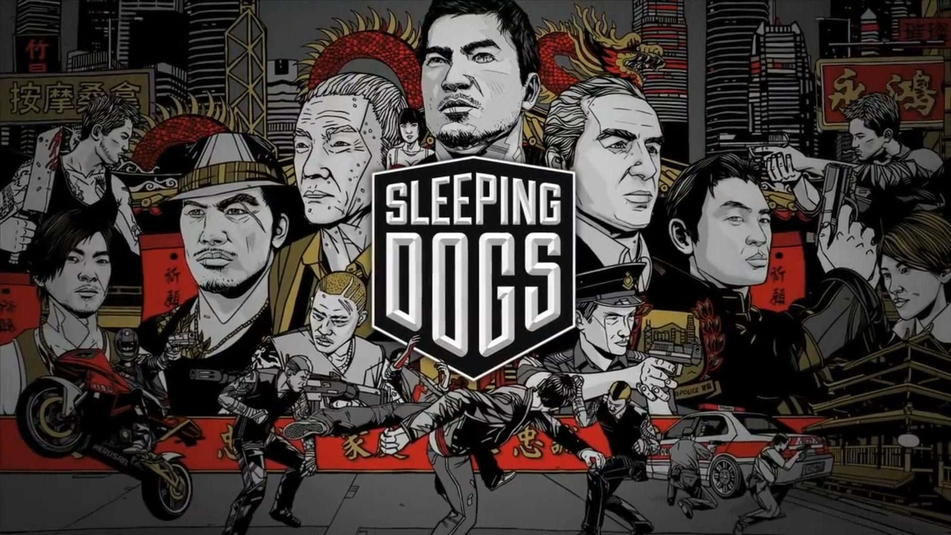 高畫質《Sleeping Dogs》遊戲卡通海報背景 壁紙 — 遊戲《Sleeping Dogs》中角色和動作場景的粗糙插圖拼貼，設置在密集的城市環境中。