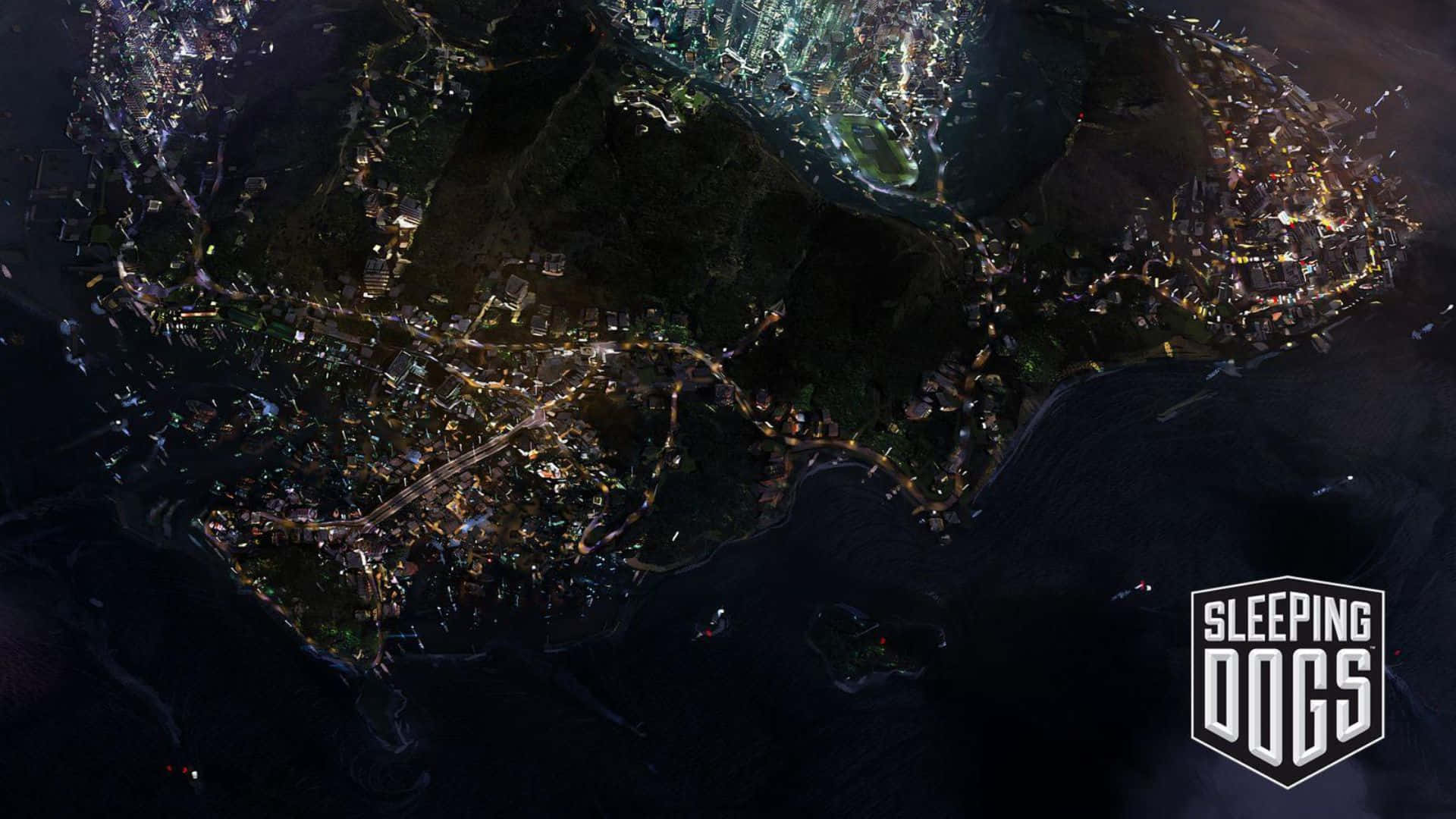 高畫質《Sleeping Dogs》夜景城市鳥瞰背景 壁紙 — 廣闊城市景觀的夜間空中視圖，發光的燈光蜿蜒穿過密集的市區和黑暗的水道。