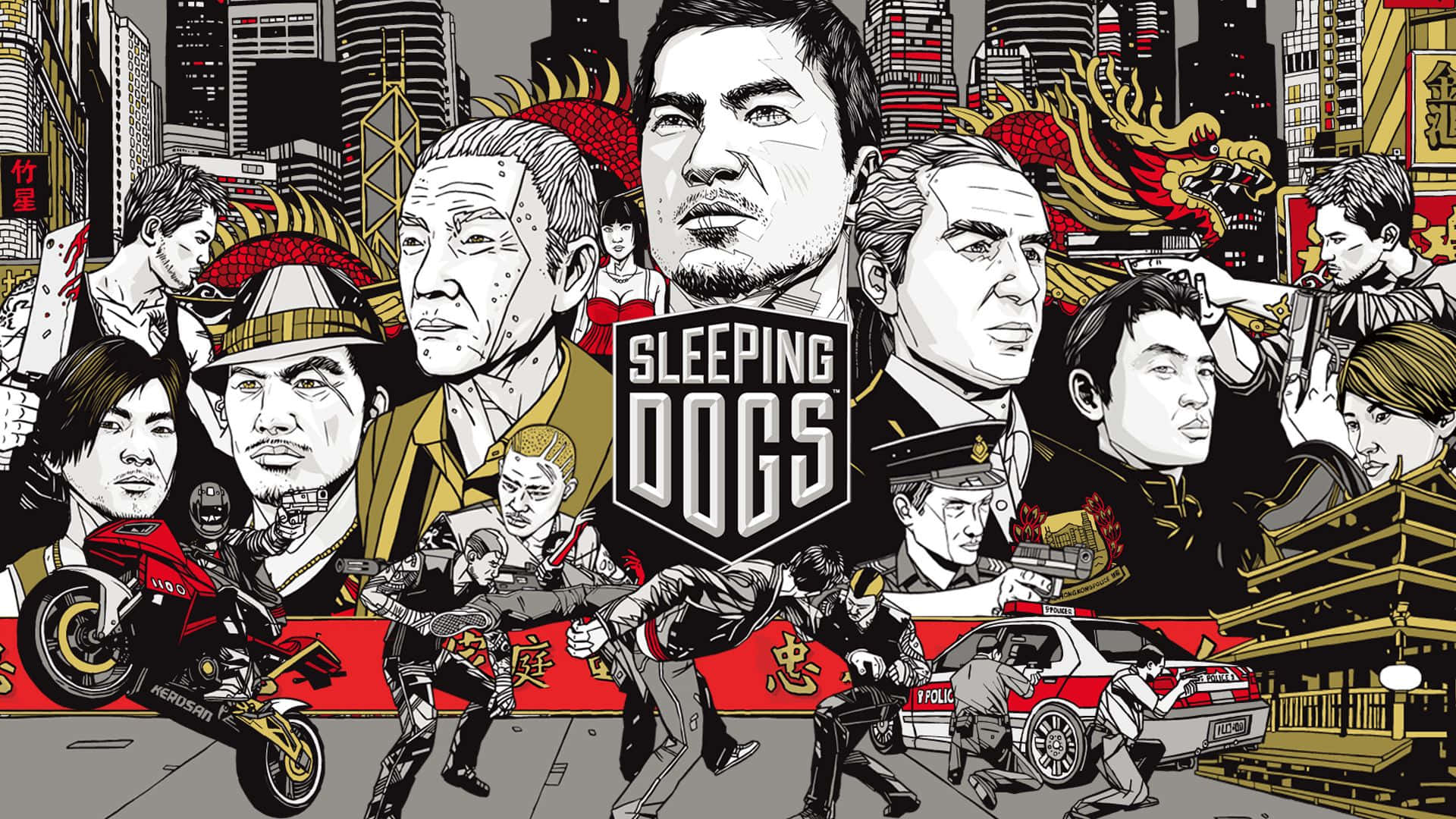 高畫質《Sleeping Dogs》卡通藝術背景 壁紙 — 《Sleeping Dogs》風格化漫畫海報，描繪多樣角色在混亂都市場景中，配有一輛紅色電單車和警車。