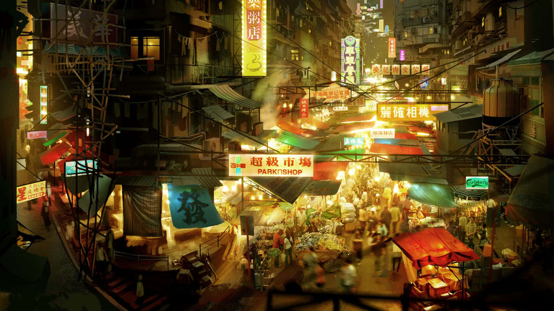 高畫質《Sleeping Dogs》安靜臥犬展示 壁紙 — 繁華都市中一條霓虹燈閃爍、人聲鼎沸的夜市小巷，掛滿發光招牌，攤檔擠滿人群。
