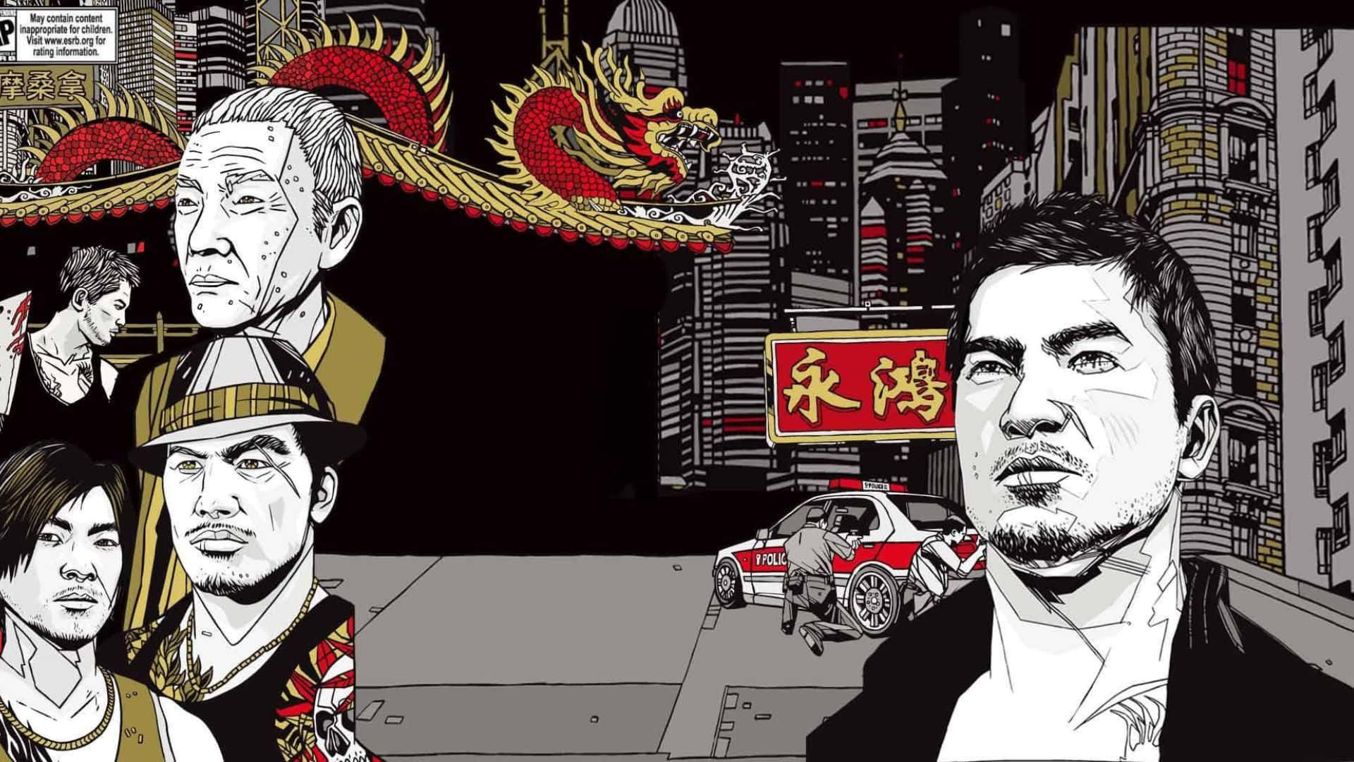 高畫質《Sleeping Dogs》卡通藝術背景 壁紙 — 風格化漫畫插圖，描繪城市街景，包含角色、警車和龍主題建築。