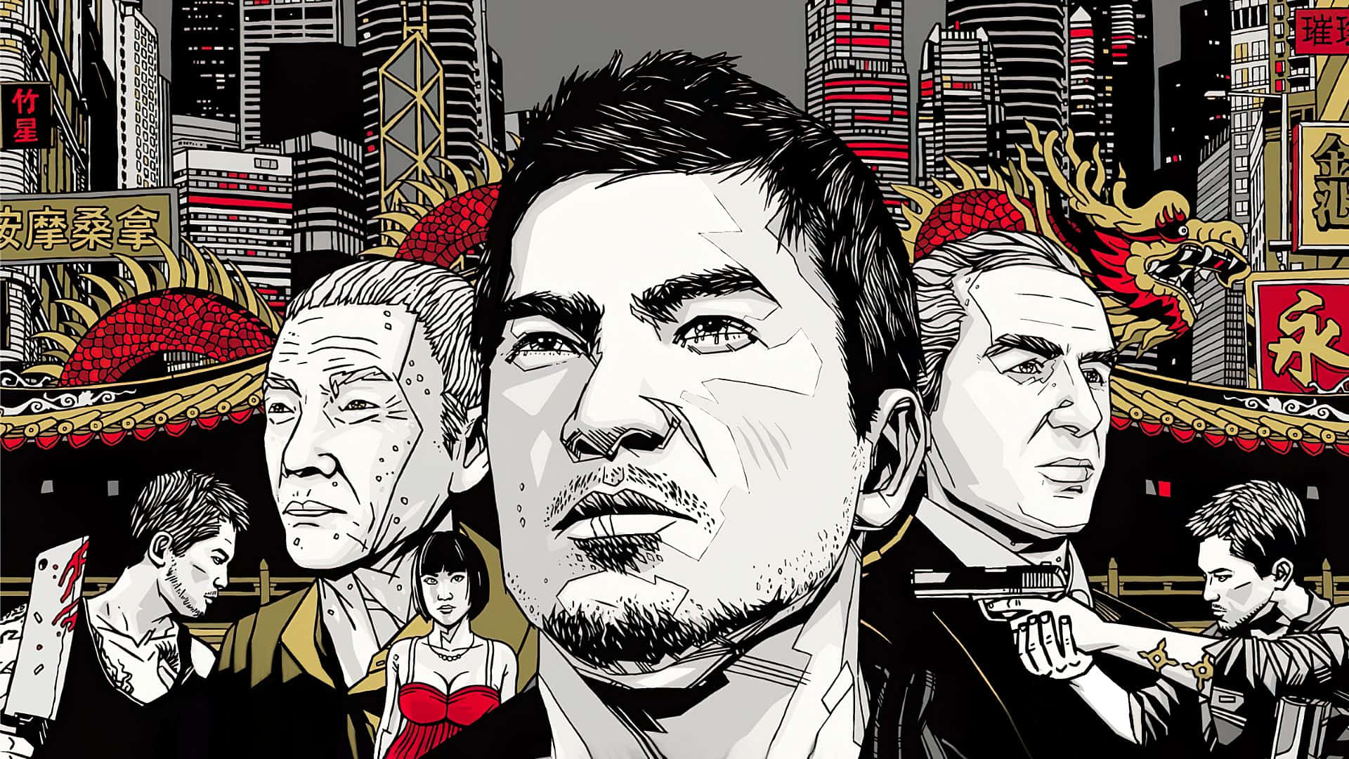 高畫質《Sleeping Dogs》遊戲角色群像背景 壁紙 — 一幅粗獷的漫畫風格插圖，描繪了在霓虹燈閃爍的香港城市景觀中帶有龍圖案的強烈角色。