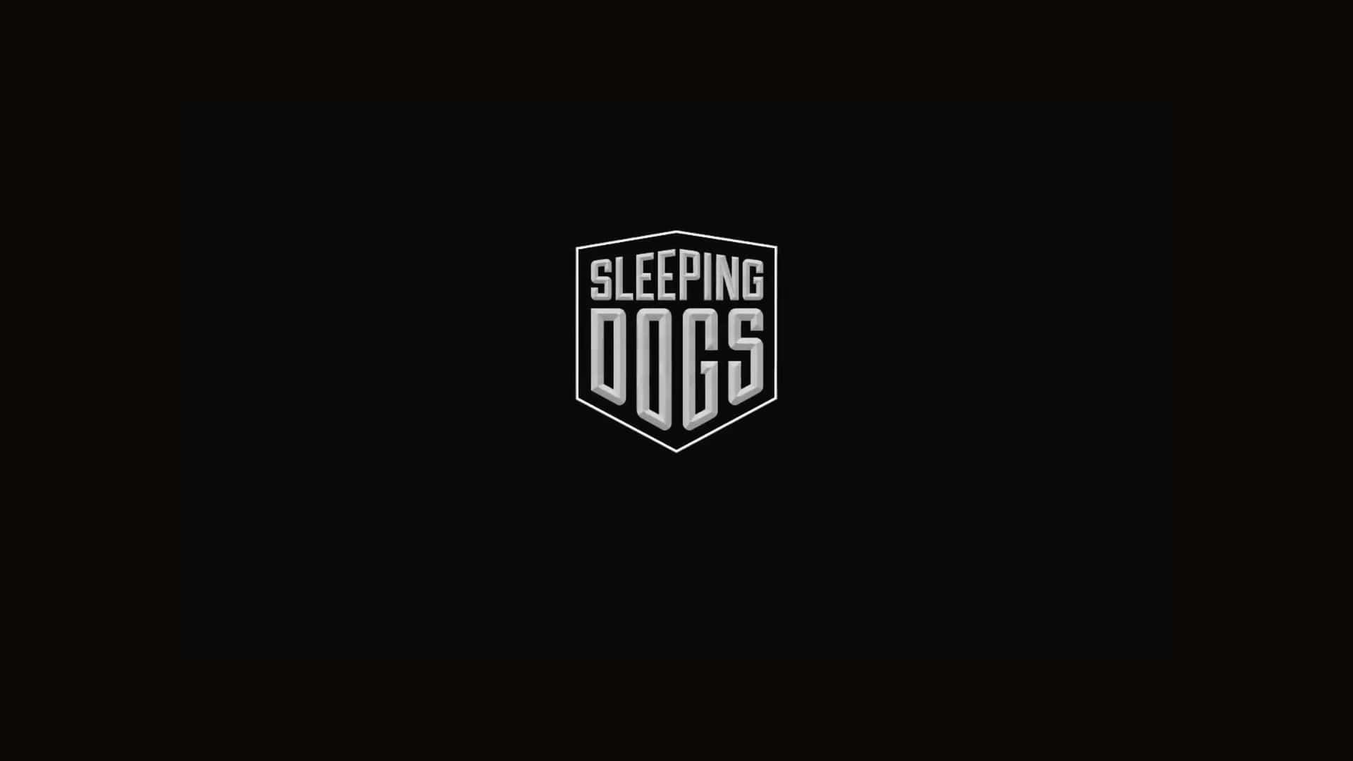 高畫質《Sleeping Dogs》遊戲標誌背景 壁紙 — 一個盾形嘅鮮明白色 'Sleeping Dogs' 標誌，置中喺黑色背景上。