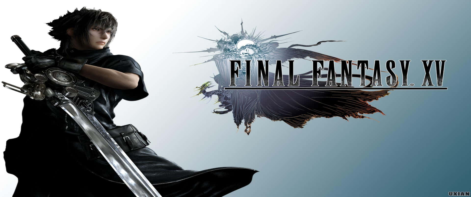 Final Fantasy XV角色手持劍，帶有標誌和帶翼生物