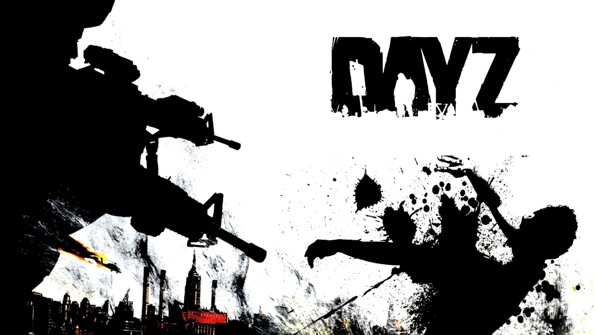 高畫質1080p DayZ生存遊戲動作場景 壁紙 — DayZ 的高對比黑白遊戲海報，以城市景觀為背景，呈現步槍剪影和墜落的人物。