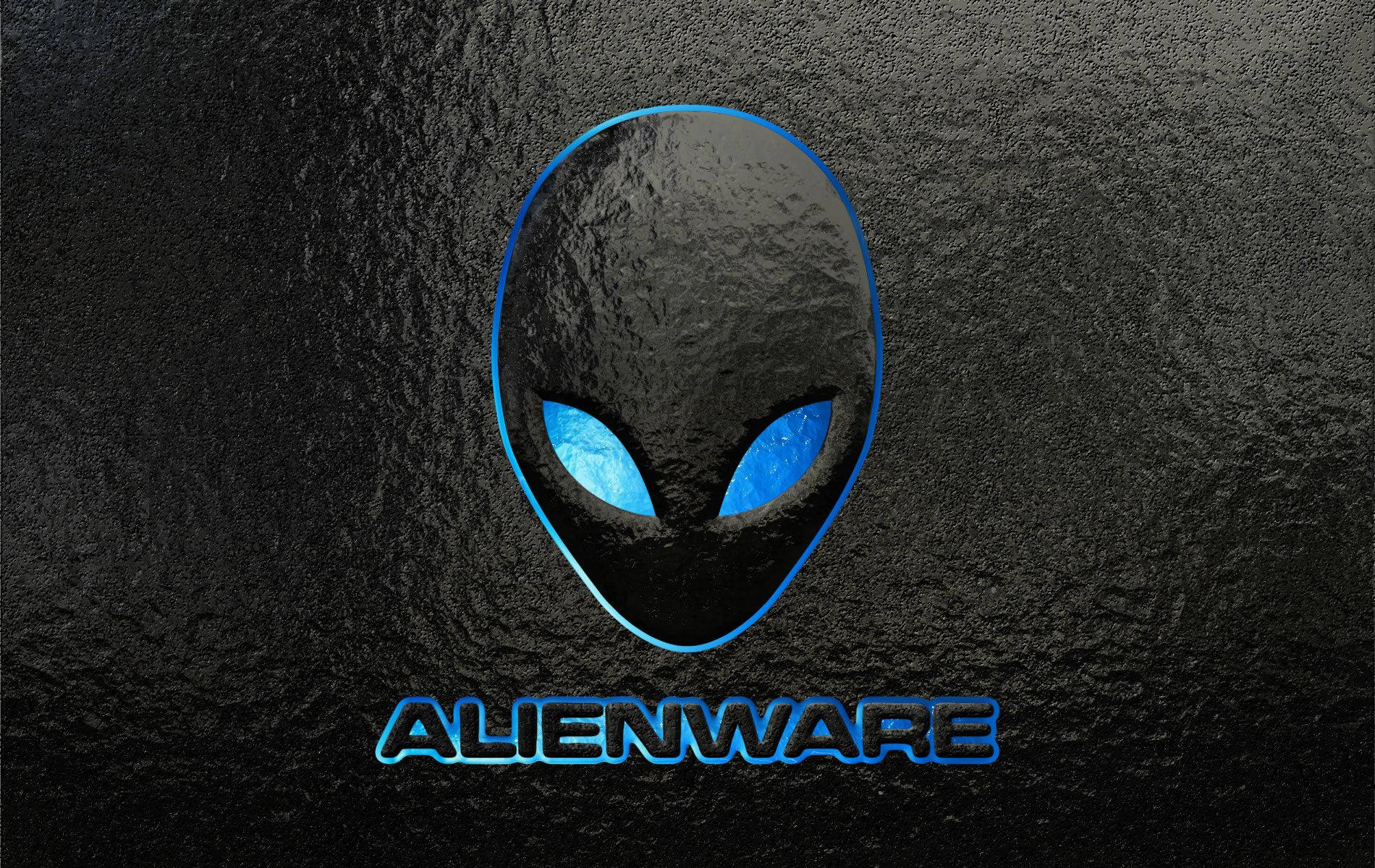 Alienware標誌，帶有發光的藍色眼睛，位於黑色紋理背景上。