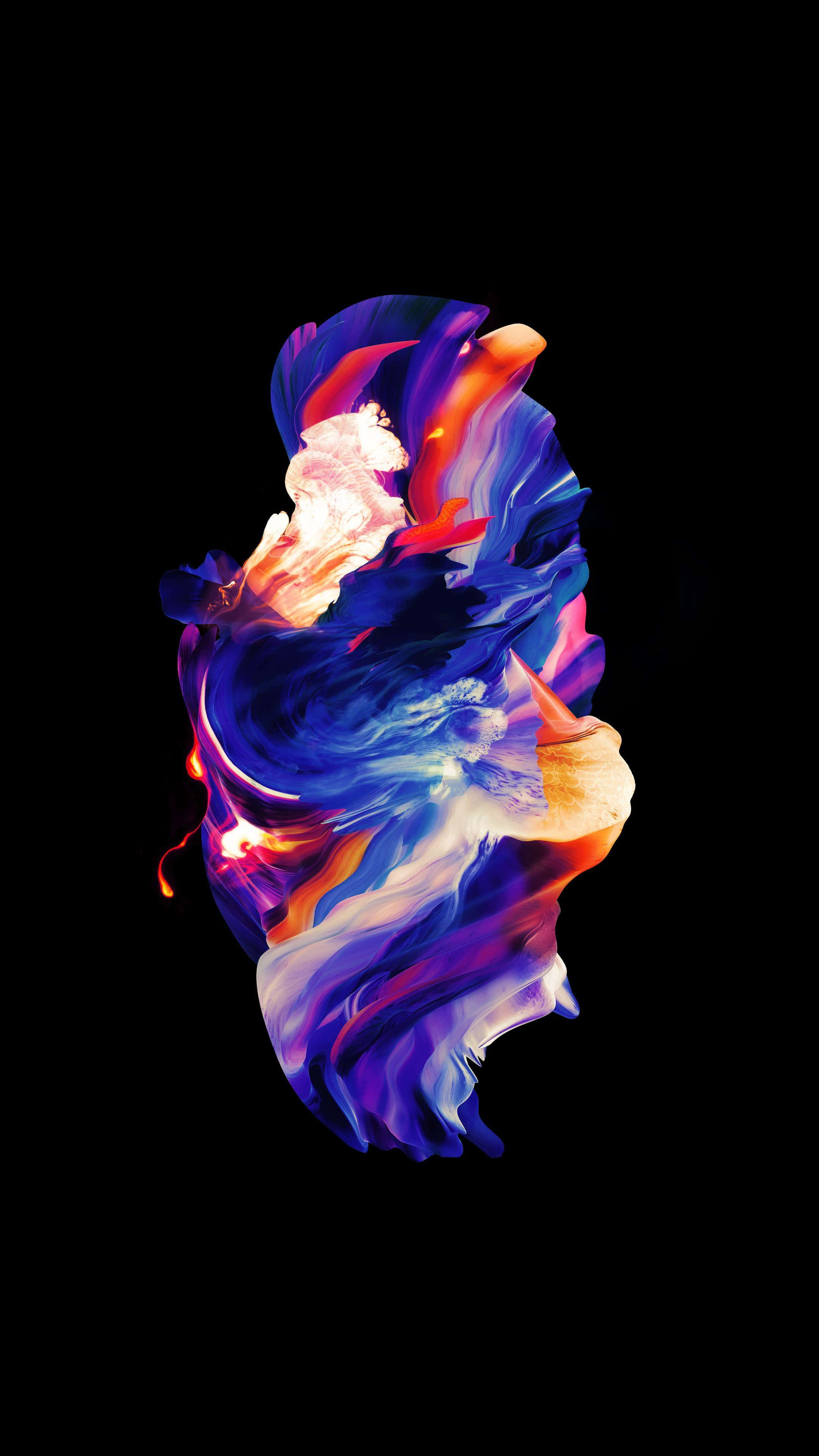 高畫質OLED OnePlus Launcher背景 壁紙 — 鮮豔的漩渦抽象色彩在黑色背景上以動態流體運動爆炸開來。