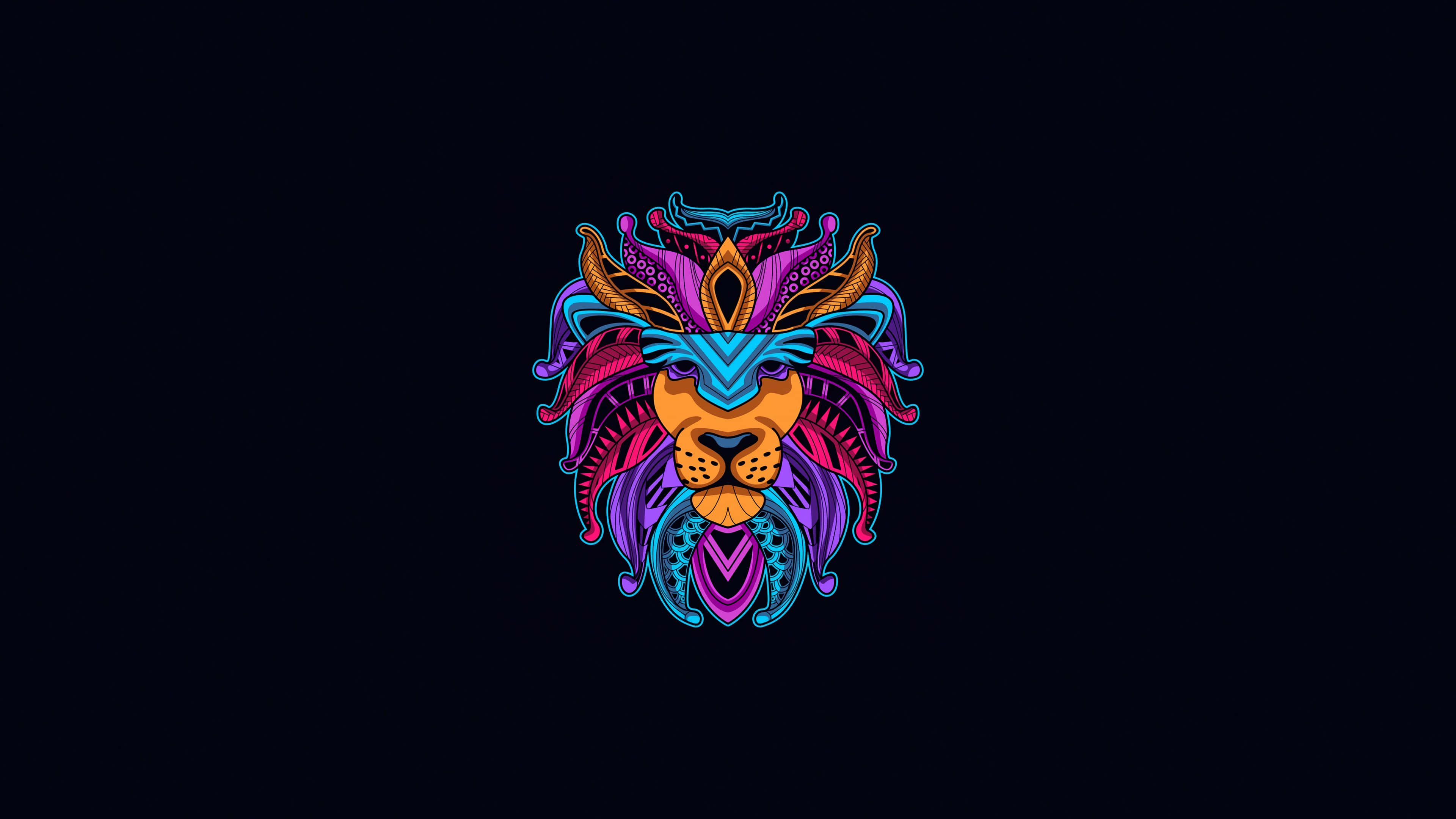 高畫質OLED獅頭向量背景 壁紙 — 一個充滿活力的霓虹色獅子頭，帶有複雜的部落圖案，在黑暗背景中發光。