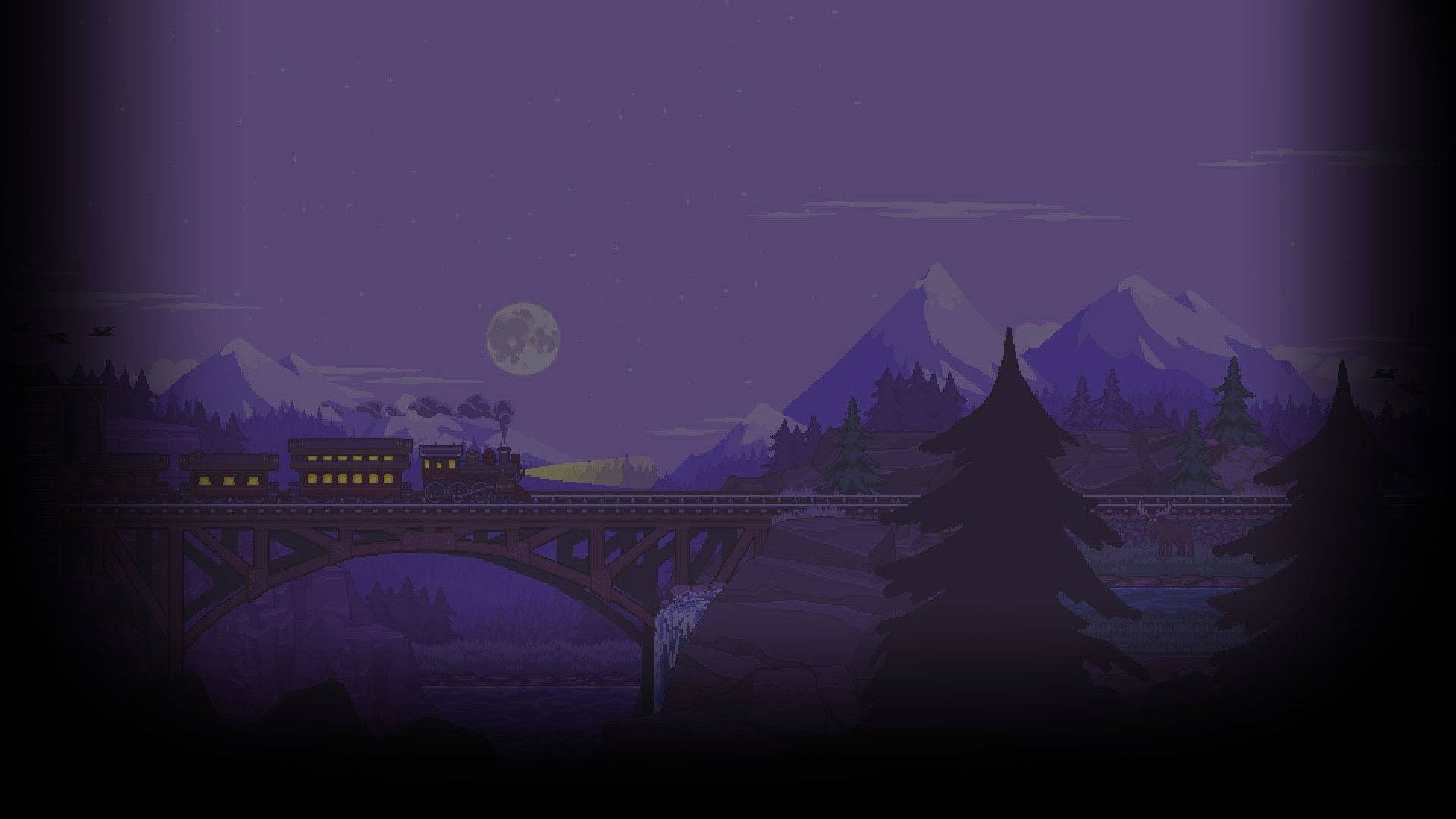 火車在滿月下夜間穿越橋樑，背景是雪山和松樹。